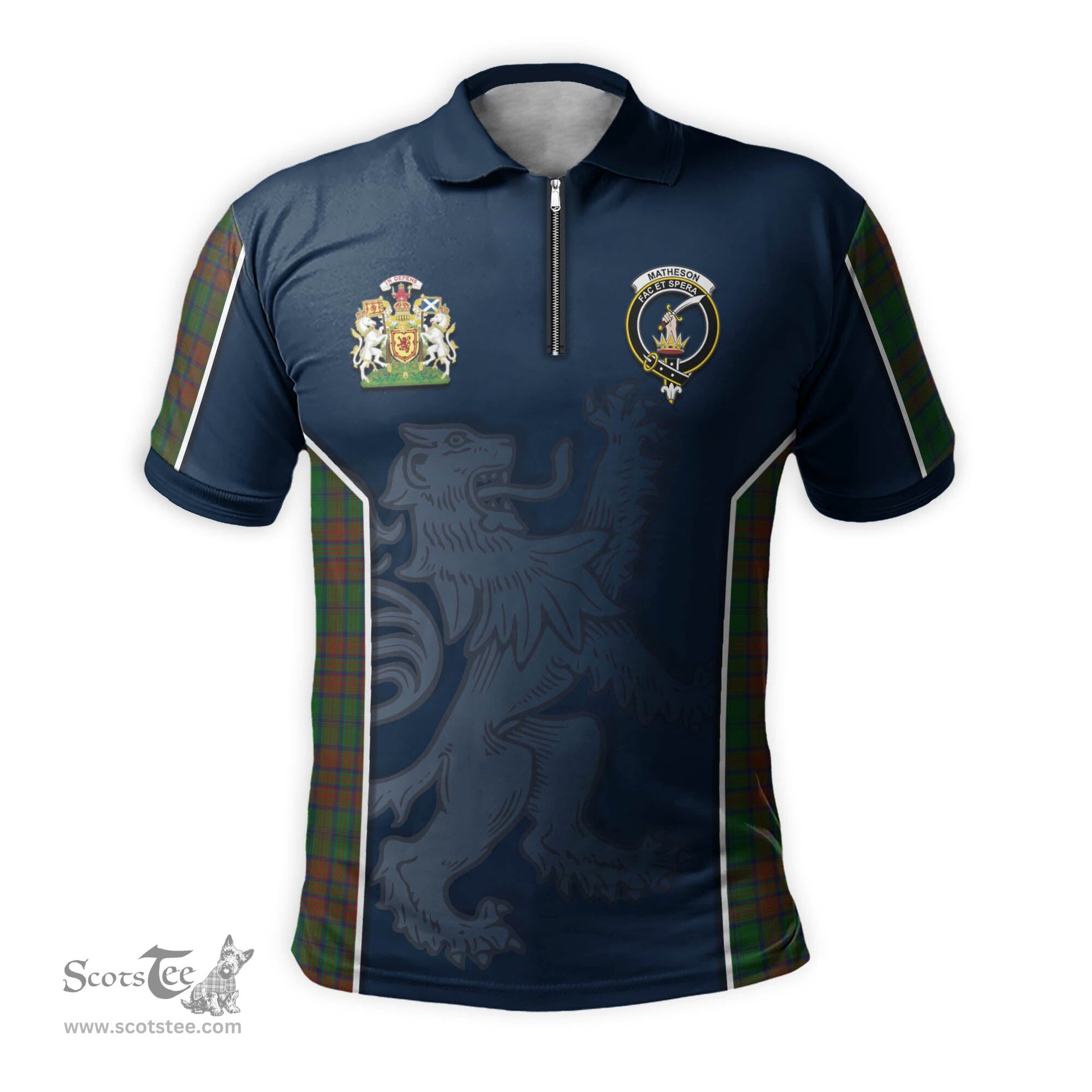 ScotsTee Shop Scottish Matheson Hunting Highland Clan Scottish Crest and Scottish Lion Rampant Sport Tartan Zipper Polo Shirt