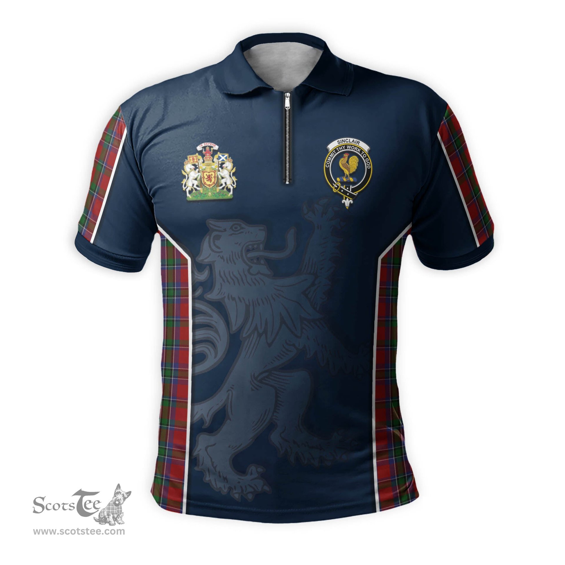 ScotsTee Shop Scottish Sinclair Clan Scottish Crest and Scottish Lion Rampant Sport Tartan Zipper Polo Shirt