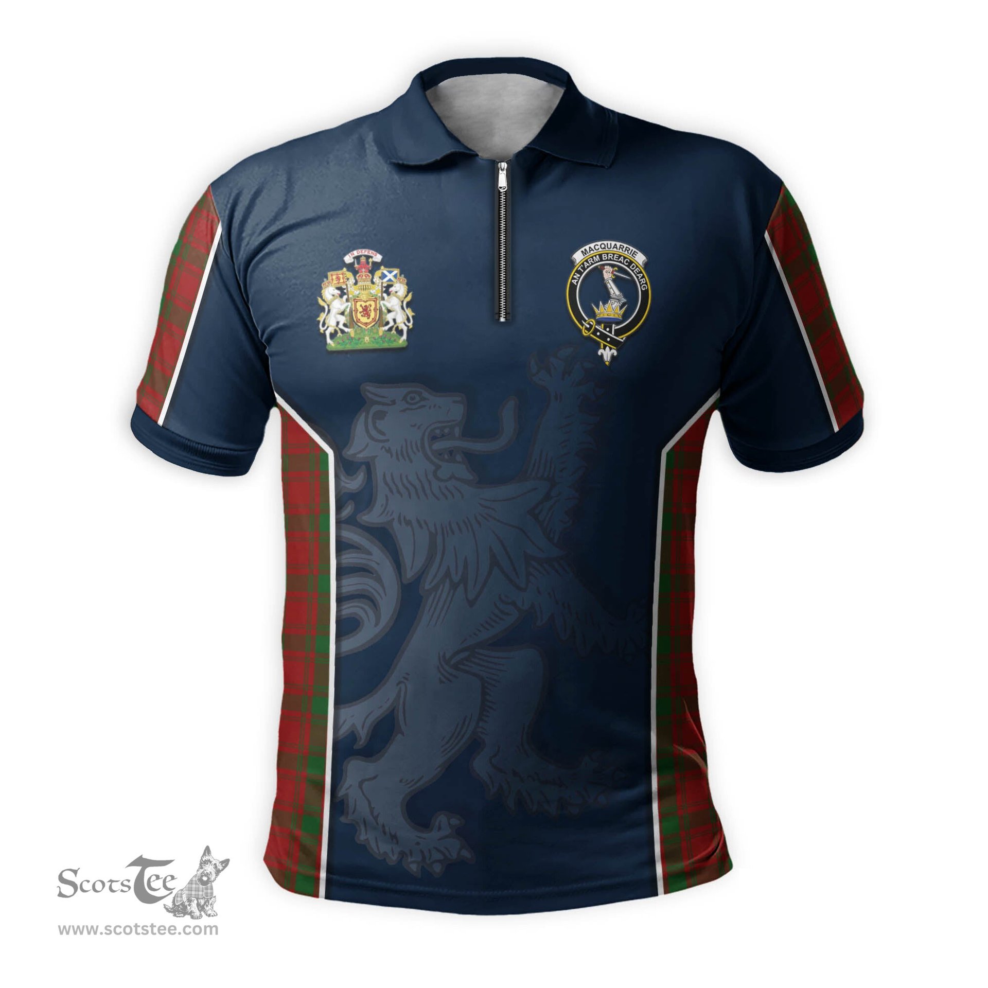 ScotsTee Shop Scottish MacQuarrie Clan Scottish Crest and Scottish Lion Rampant Sport Tartan Zipper Polo Shirt