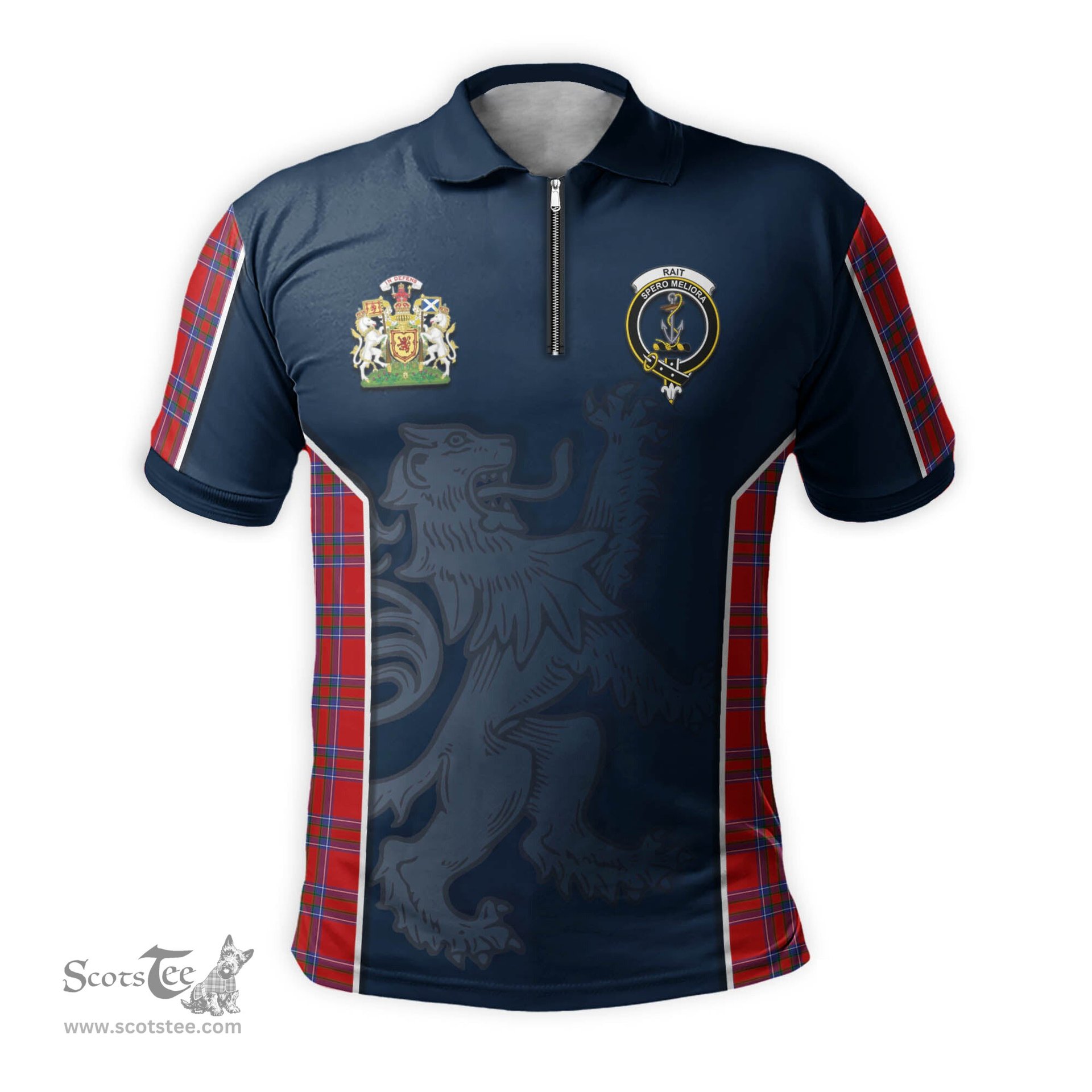 ScotsTee Shop Scottish Rait Clan Scottish Crest and Scottish Lion Rampant Sport Tartan Zipper Polo Shirt