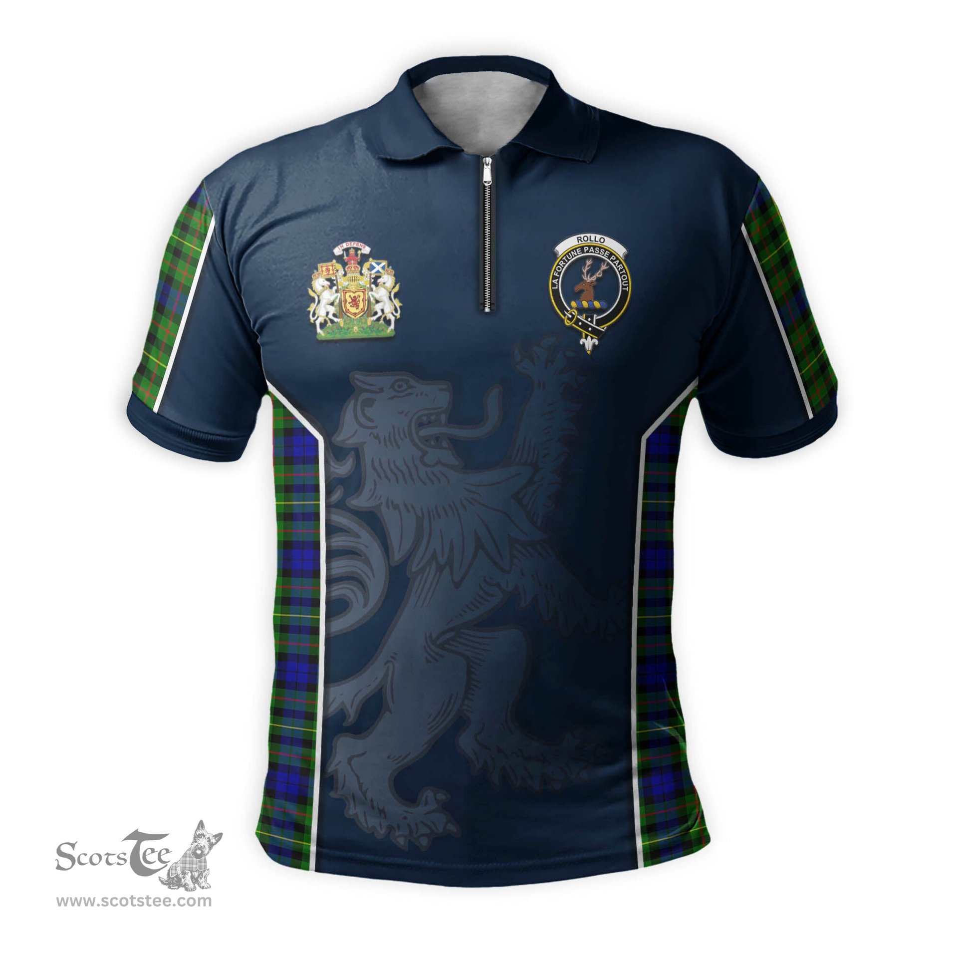 ScotsTee Shop Scottish Rollo Modern Clan Scottish Crest and Scottish Lion Rampant Sport Tartan Zipper Polo Shirt
