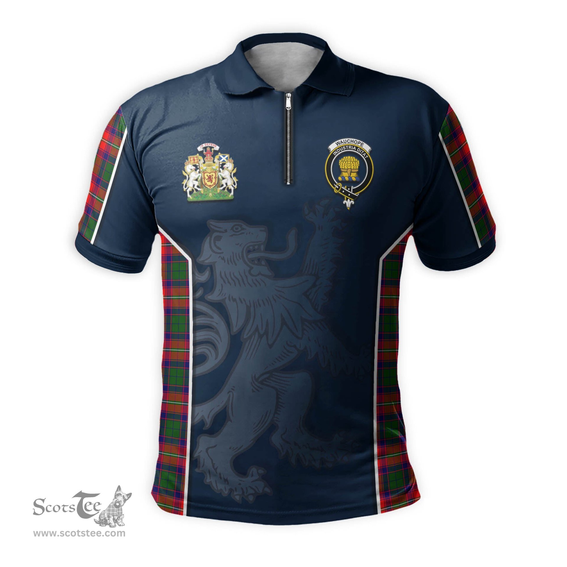 ScotsTee Shop Scottish Wauchope Clan Scottish Crest and Scottish Lion Rampant Sport Tartan Zipper Polo Shirt