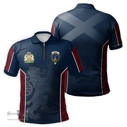 ScotsTee Shop Scottish Stirling of Keir Clan Scottish Crest and Scottish Lion Rampant Sport Tartan Zipper Polo Shirt