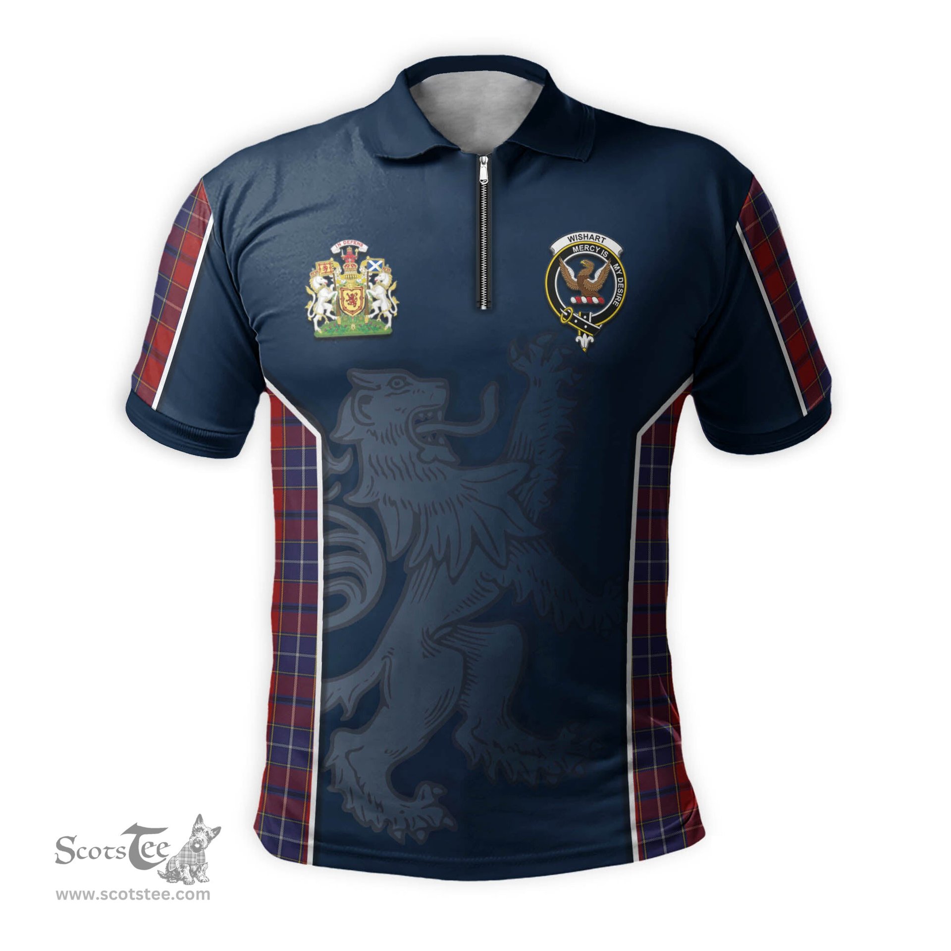 ScotsTee Shop Scottish Wishart Dress Clan Scottish Crest and Scottish Lion Rampant Sport Tartan Zipper Polo Shirt