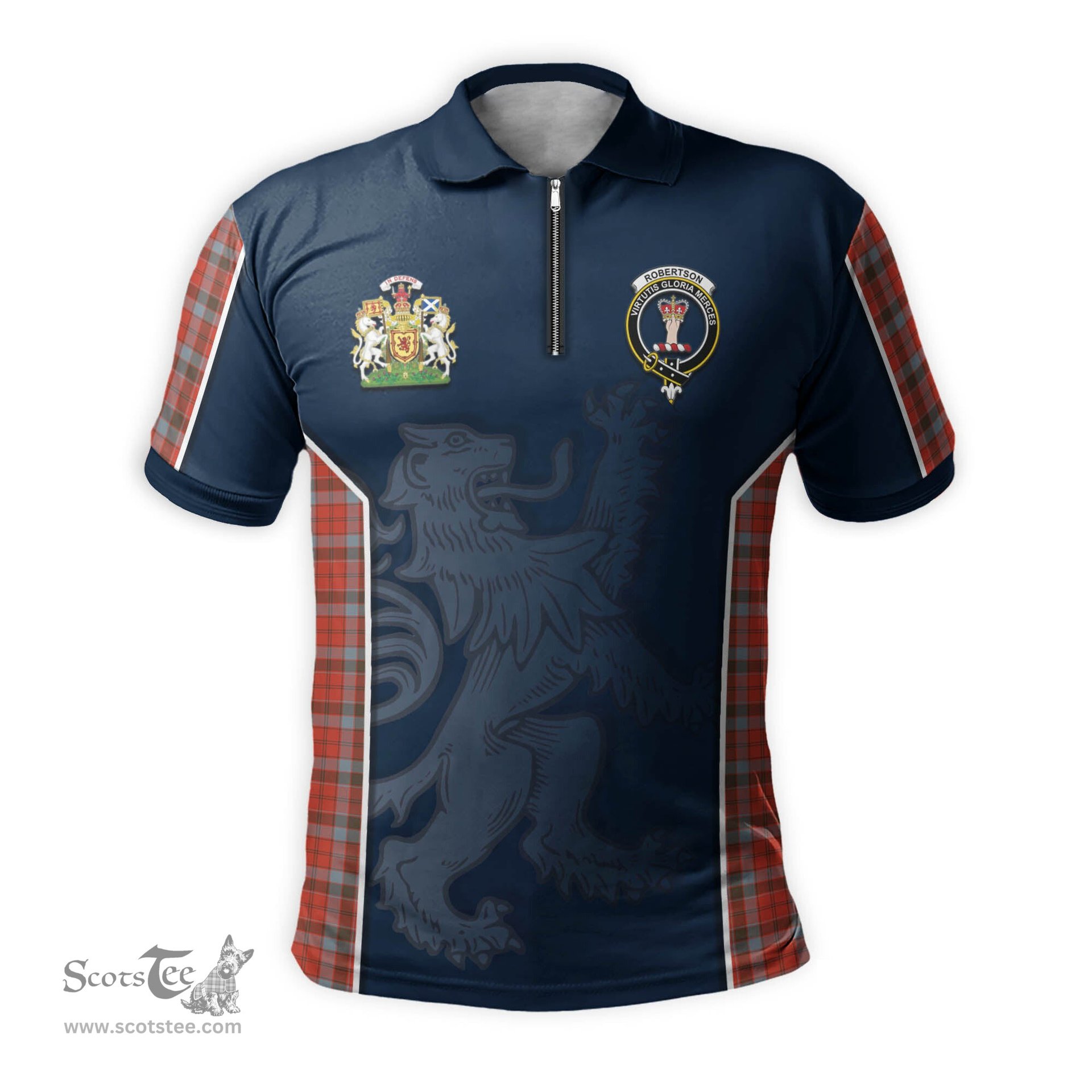 ScotsTee Shop Scottish Robertson Weathered Clan Scottish Crest and Scottish Lion Rampant Sport Tartan Zipper Polo Shirt