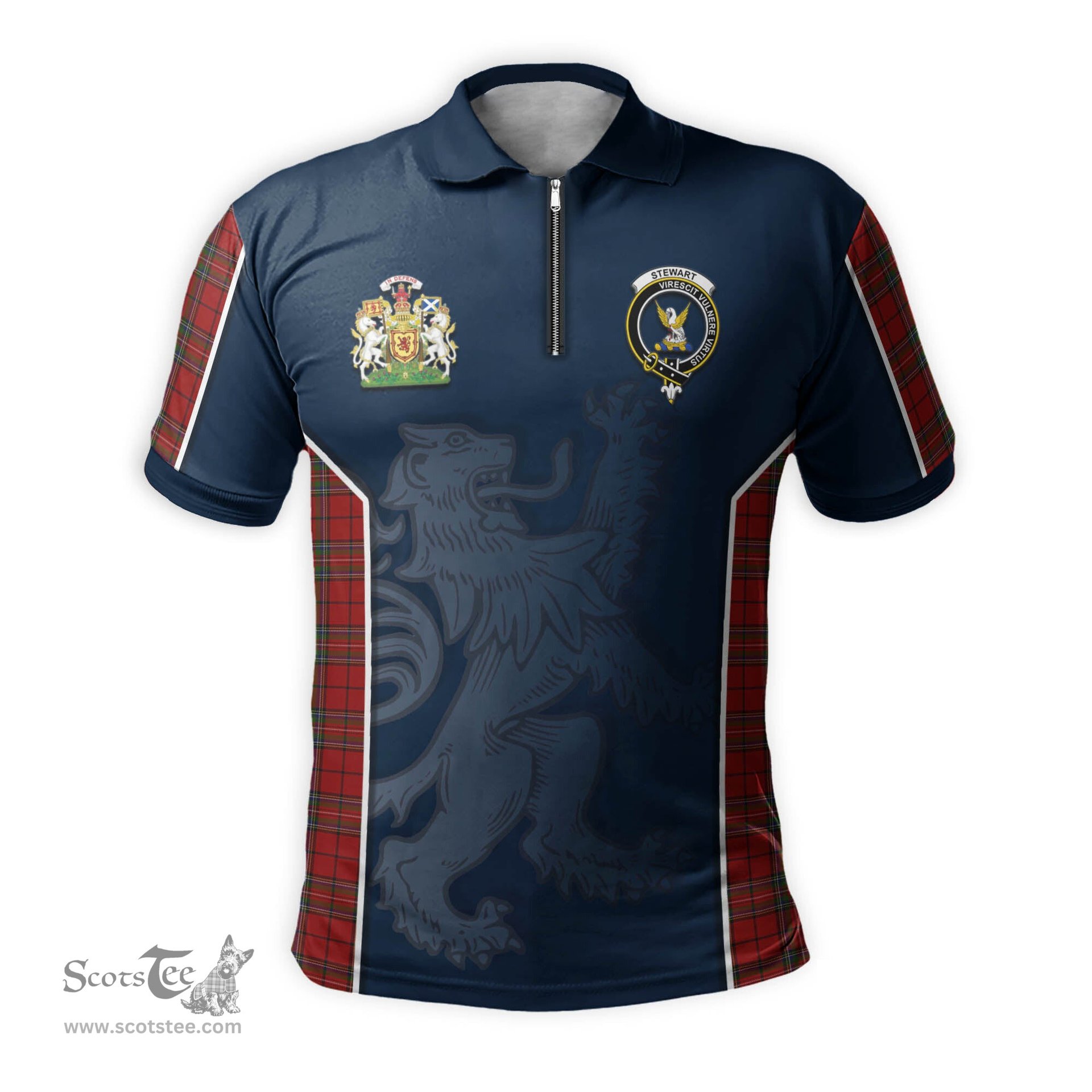 ScotsTee Shop Scottish Stewart of Galloway Clan Scottish Crest and Scottish Lion Rampant Sport Tartan Zipper Polo Shirt