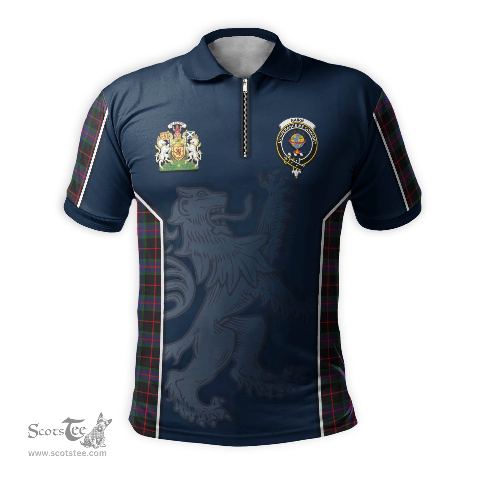 ScotsTee Shop Scottish Nairn Clan Scottish Crest and Scottish Lion Rampant Sport Tartan Zipper Polo Shirt