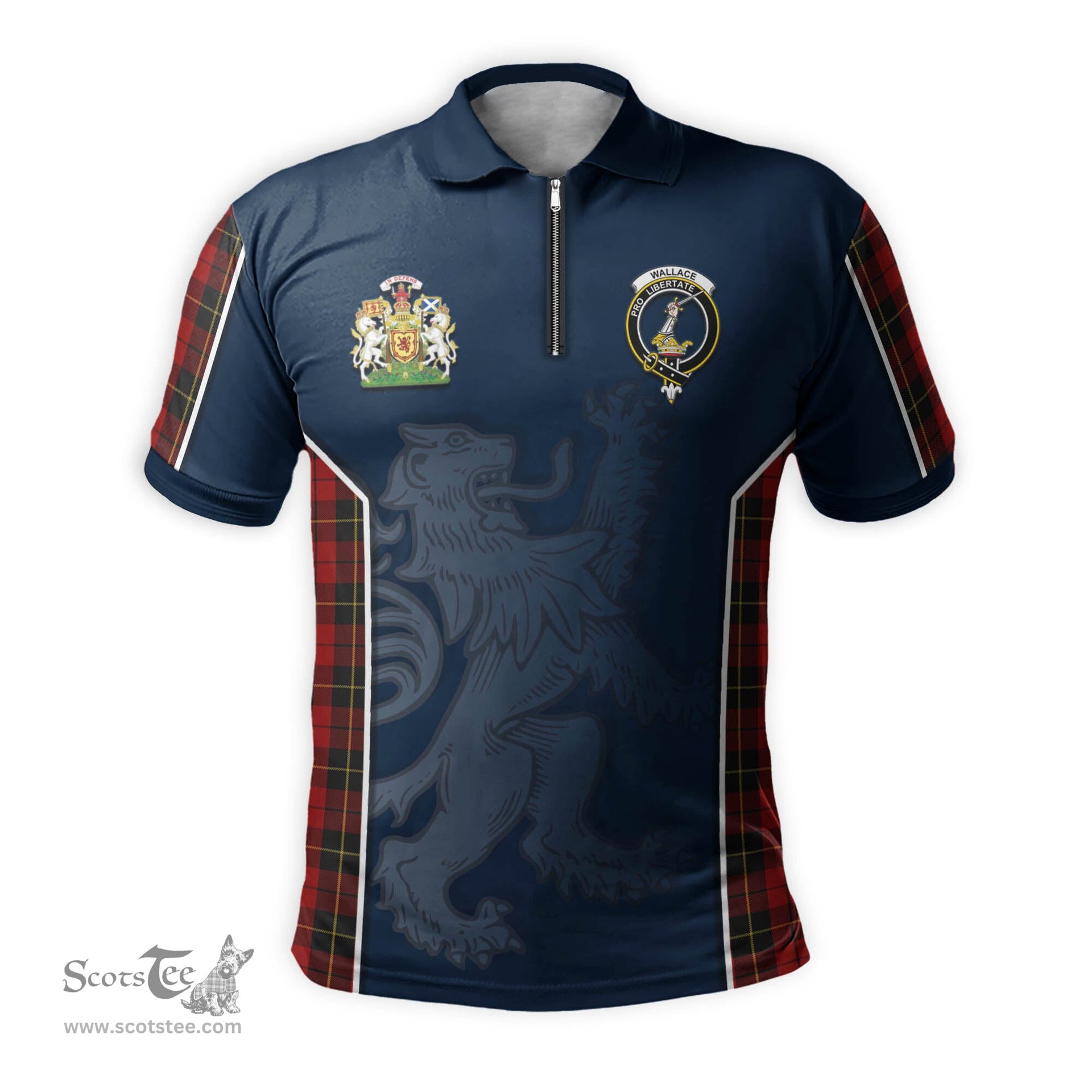 ScotsTee Shop Scottish Wallace Clan Scottish Crest and Scottish Lion Rampant Sport Tartan Zipper Polo Shirt