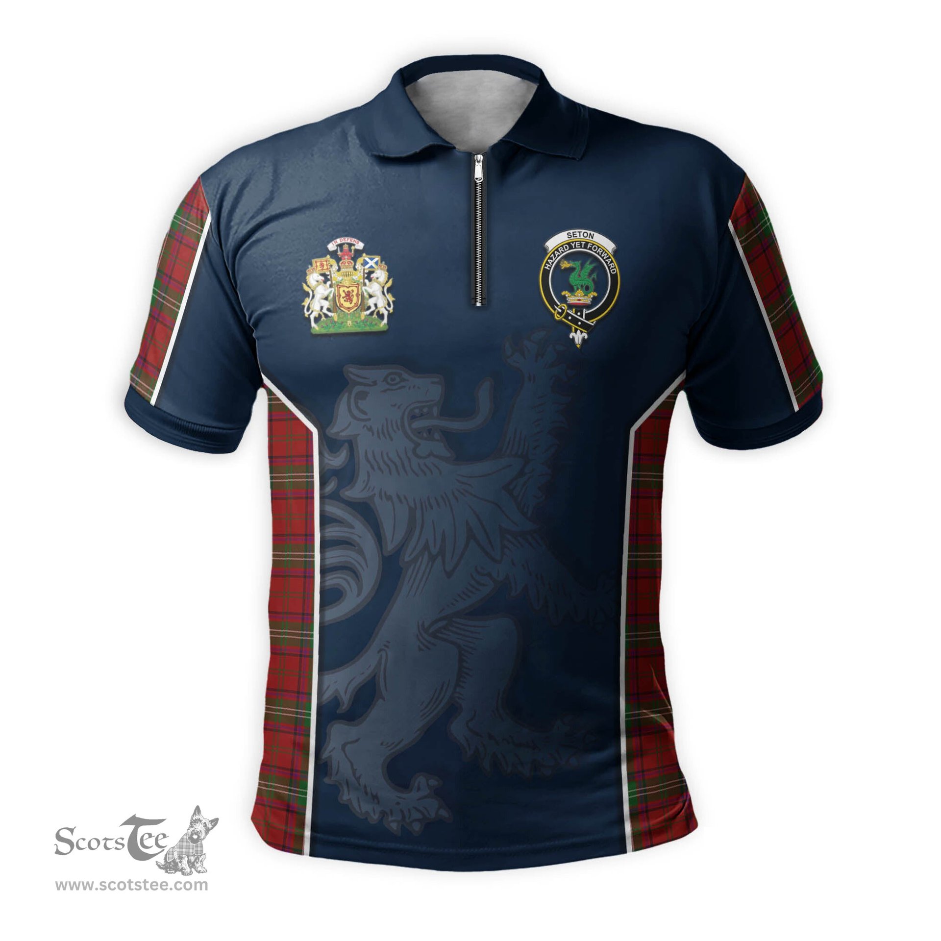 ScotsTee Shop Scottish Seton Clan Scottish Crest and Scottish Lion Rampant Sport Tartan Zipper Polo Shirt