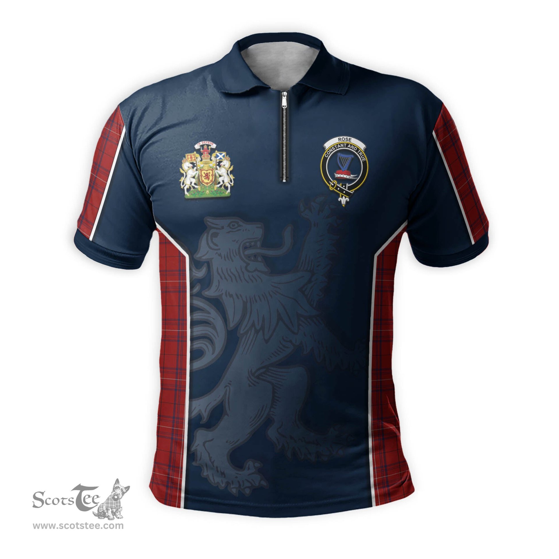ScotsTee Shop Scottish Rose of Kilravock Clan Scottish Crest and Scottish Lion Rampant Sport Tartan Zipper Polo Shirt