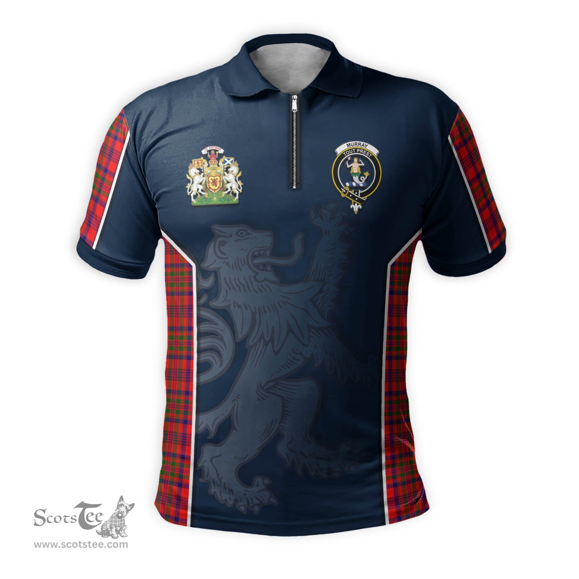 ScotsTee Shop Scottish Murray of Tulloch Modern Clan Scottish Crest and Scottish Lion Rampant Sport Tartan Zipper Polo Shirt