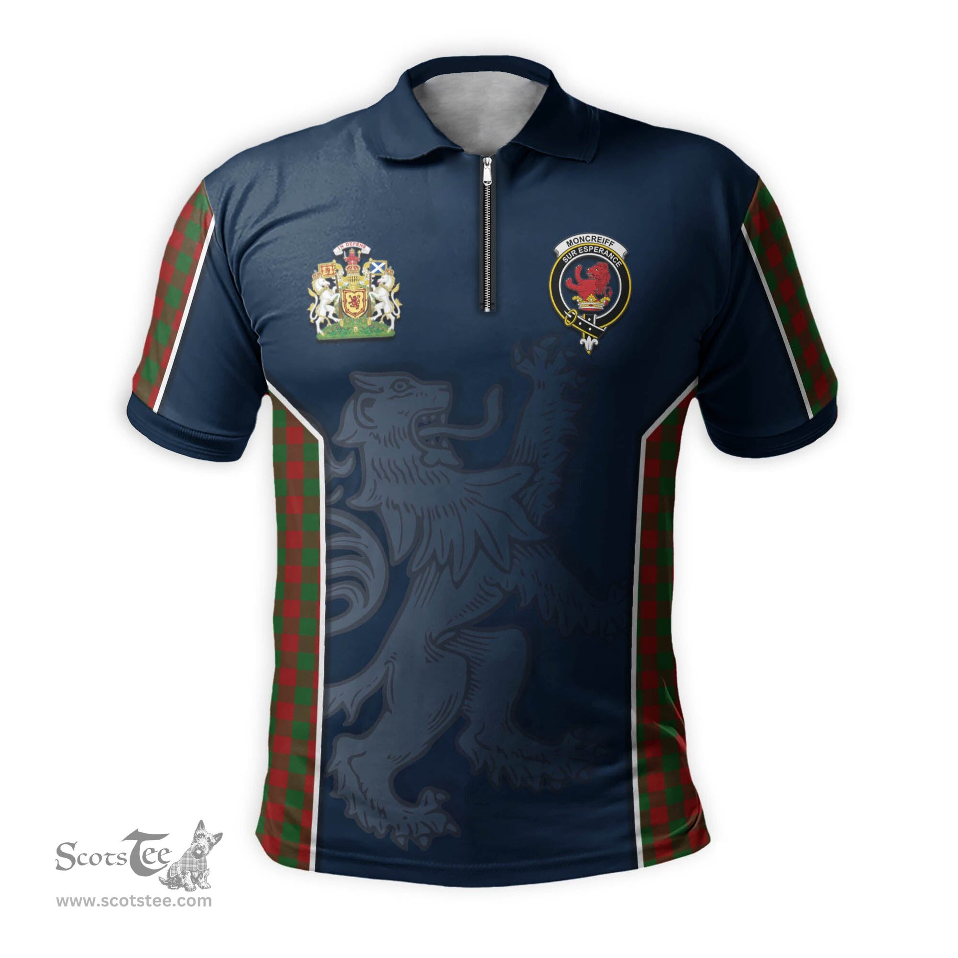 ScotsTee Shop Scottish Moncrieff Clan Scottish Crest and Scottish Lion Rampant Sport Tartan Zipper Polo Shirt