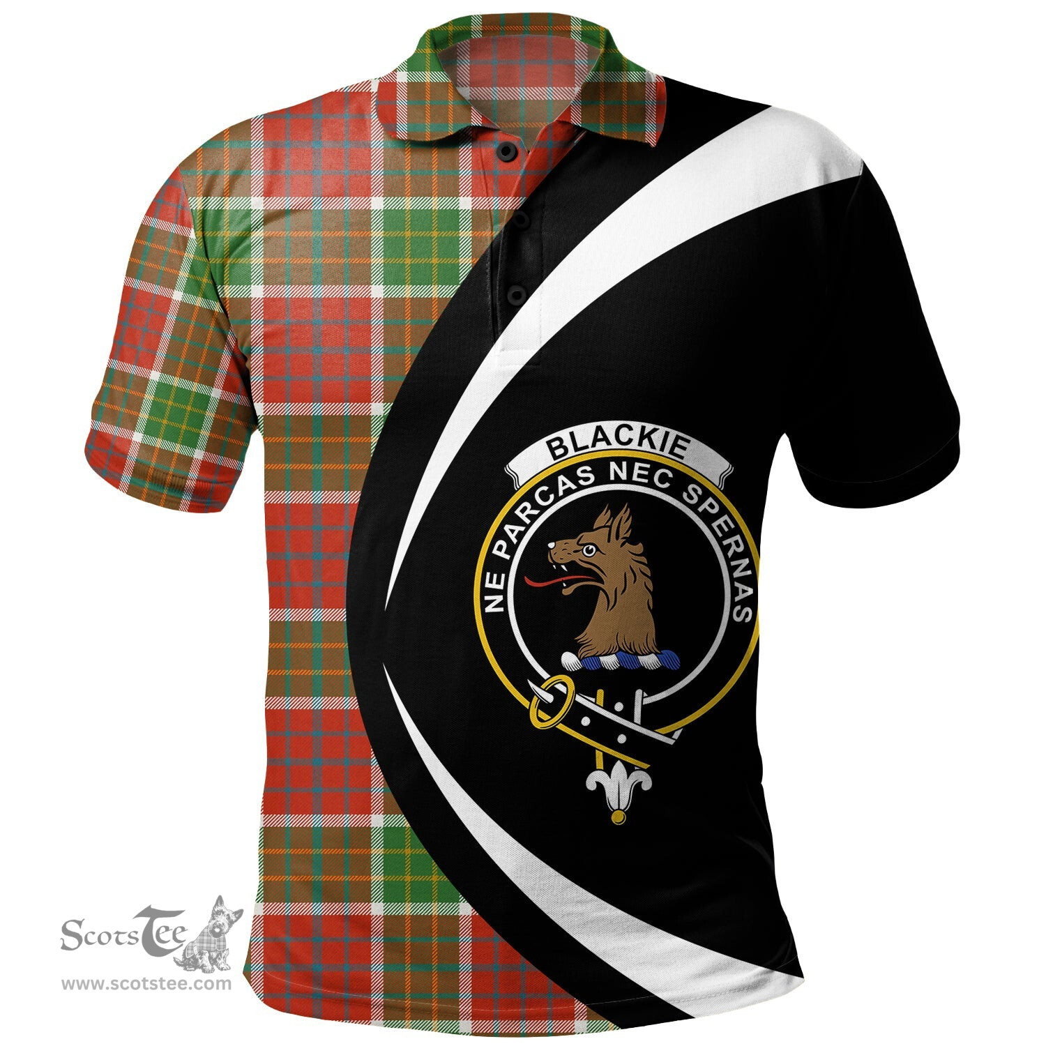 ScotsTee Shop Scottish Blackie Ancient Clan Crest Personalized Tartan Polo Shirt Circle Style Back Shirt with Your Text