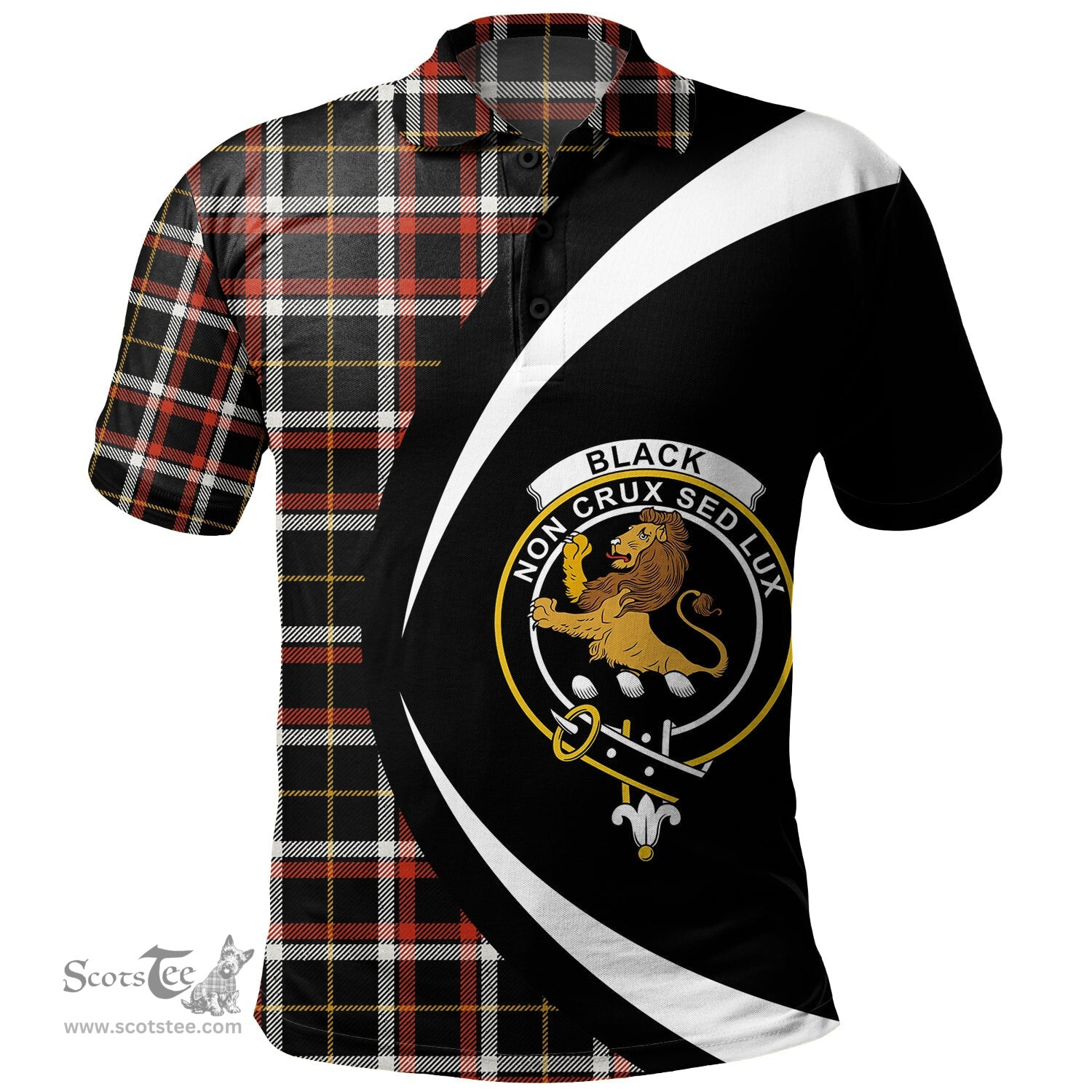 ScotsTee Shop Scottish Black (DCD) Ancient Clan Crest Personalized Tartan Polo Shirt Circle Style Back Shirt with Your Text