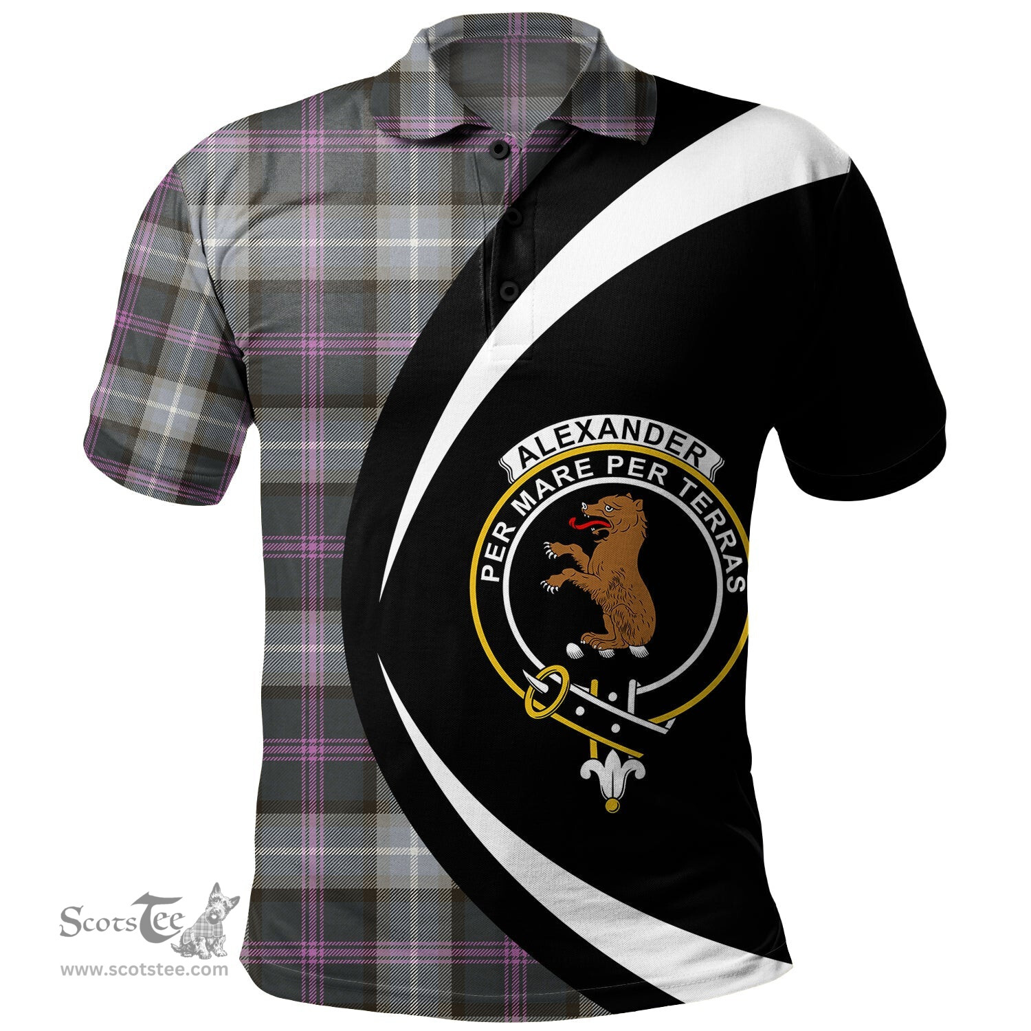 ScotsTee Shop Scottish Alexander of Menstry Hunting Weathered Clan Crest Personalized Tartan Polo Shirt Circle Style Back Shirt with Your Text
