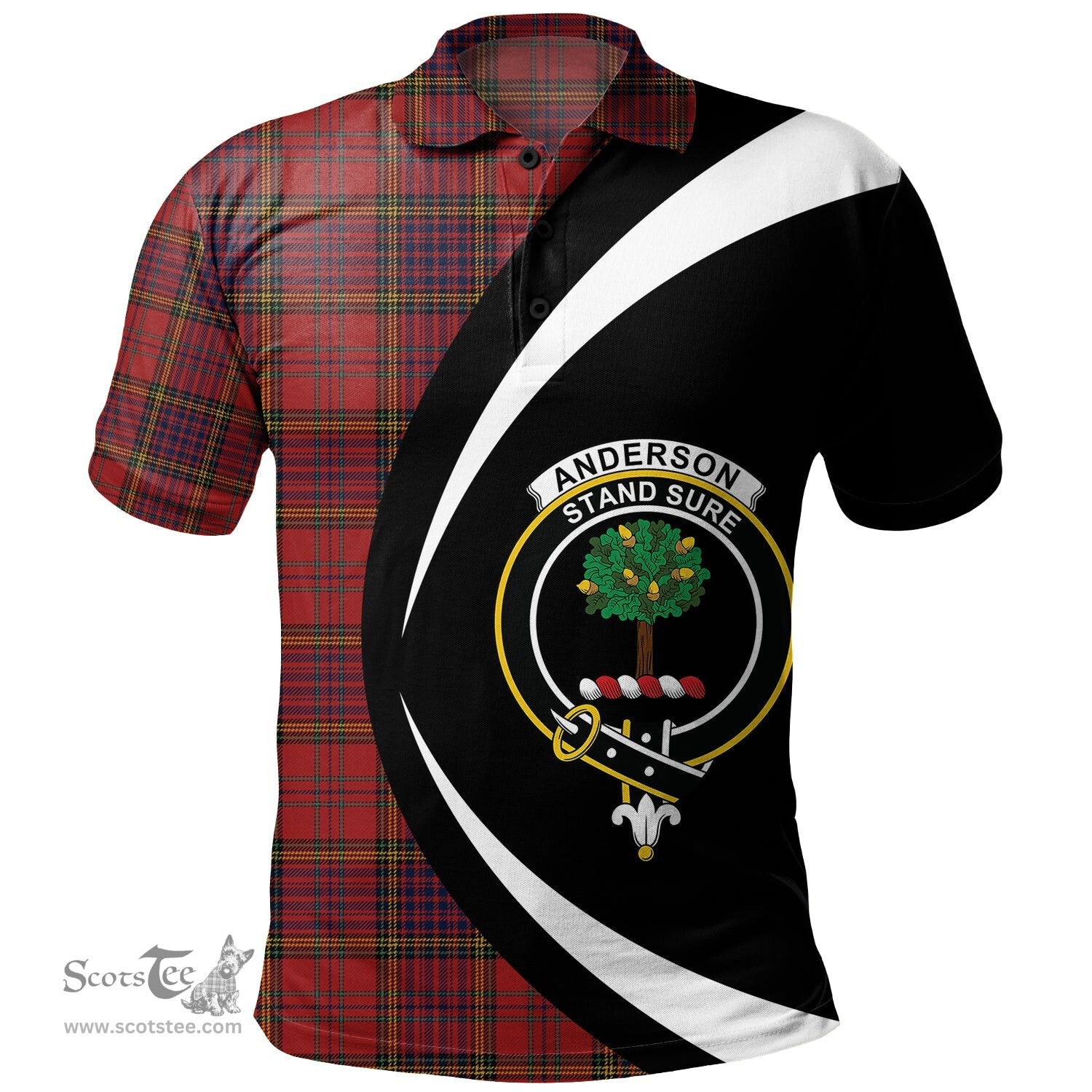 ScotsTee Shop Scottish Anderson of Kinneddar Red Modern Clan Crest Personalized Tartan Polo Shirt Circle Style Back Shirt with Your Text