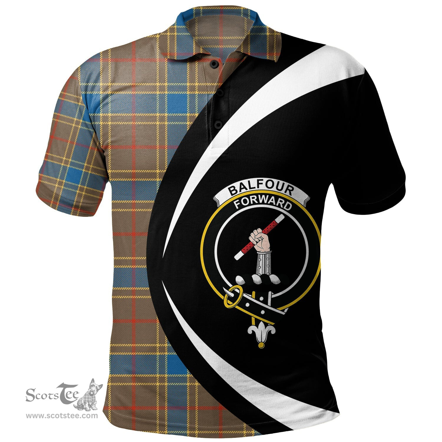 ScotsTee Shop Scottish Balfour Ancient Clan Crest Personalized Tartan Polo Shirt Circle Style Back Shirt with Your Text