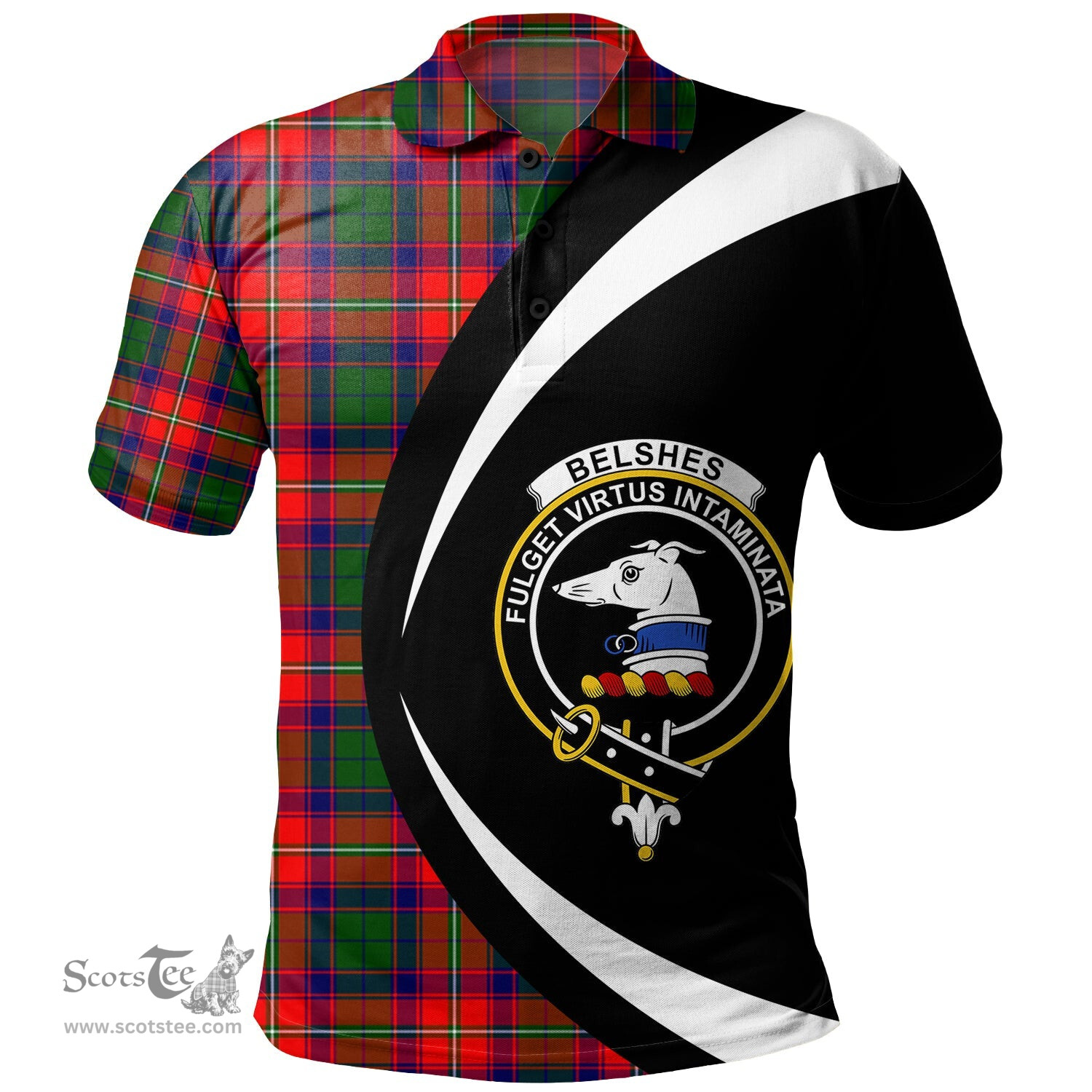 ScotsTee Shop Scottish Belshes Clan Crest Personalized Tartan Polo Shirt Circle Style Back Shirt with Your Text