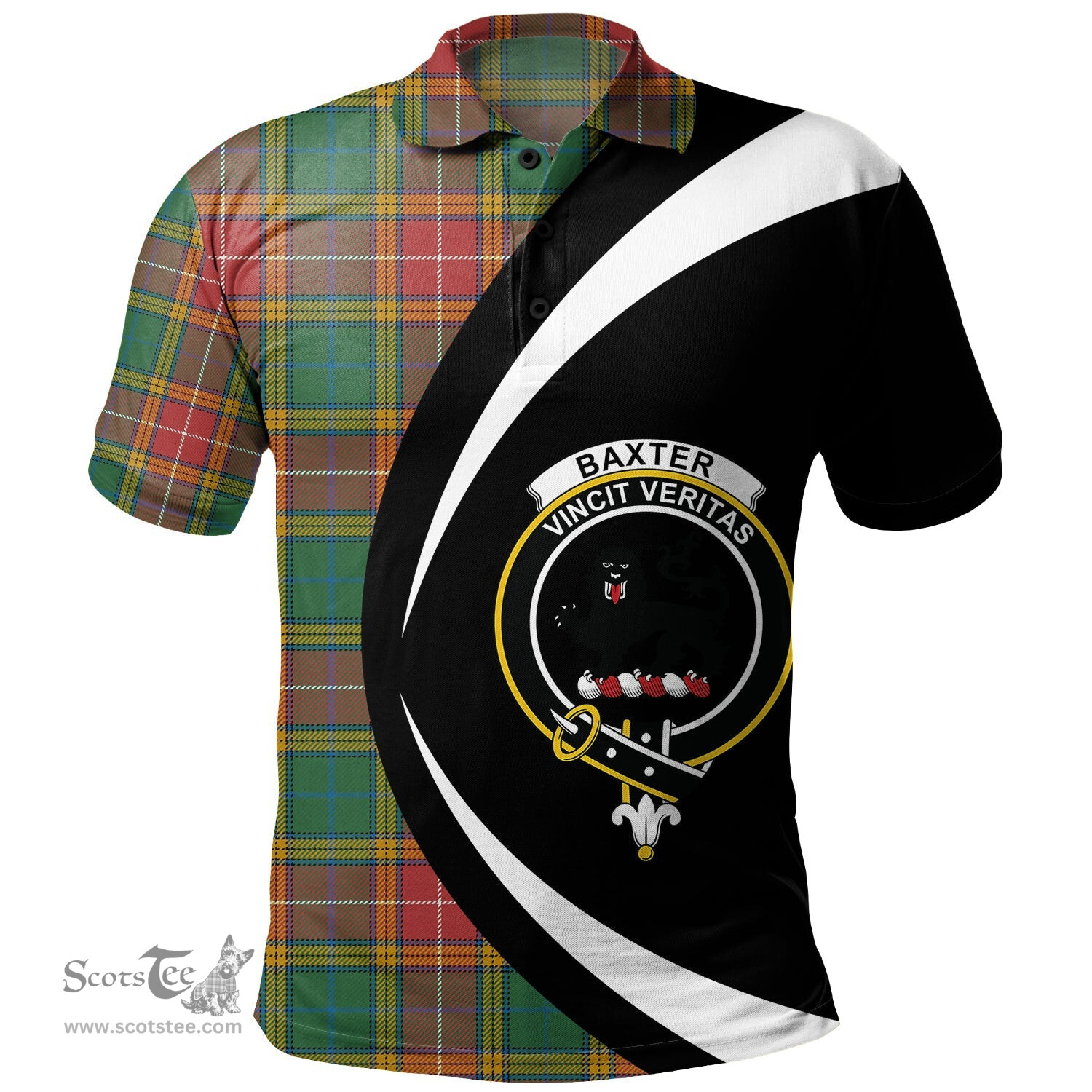 ScotsTee Shop Scottish Baxter of Balgavies Ancient Clan Crest Personalized Tartan Polo Shirt Circle Style Back Shirt with Your Text