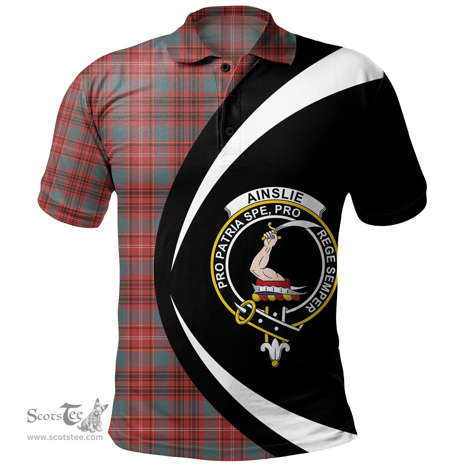 ScotsTee Shop Scottish Ainslie Weathered Clan Crest Personalized Tartan Polo Shirt Circle Style Back Shirt with Your Text