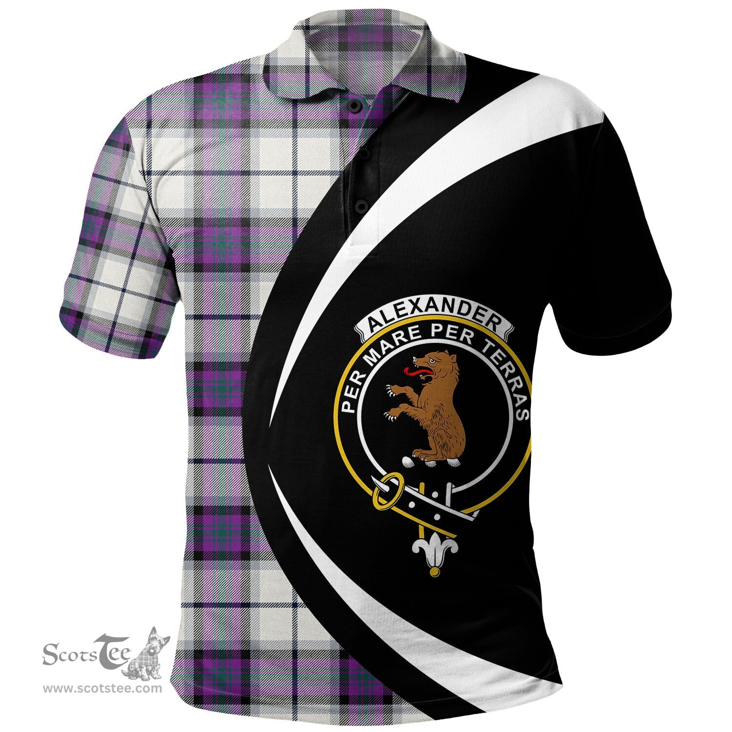 ScotsTee Shop Scottish Alexander of Menstry Dress Modern Clan Crest Personalized Tartan Polo Shirt Circle Style Back Shirt with Your Text