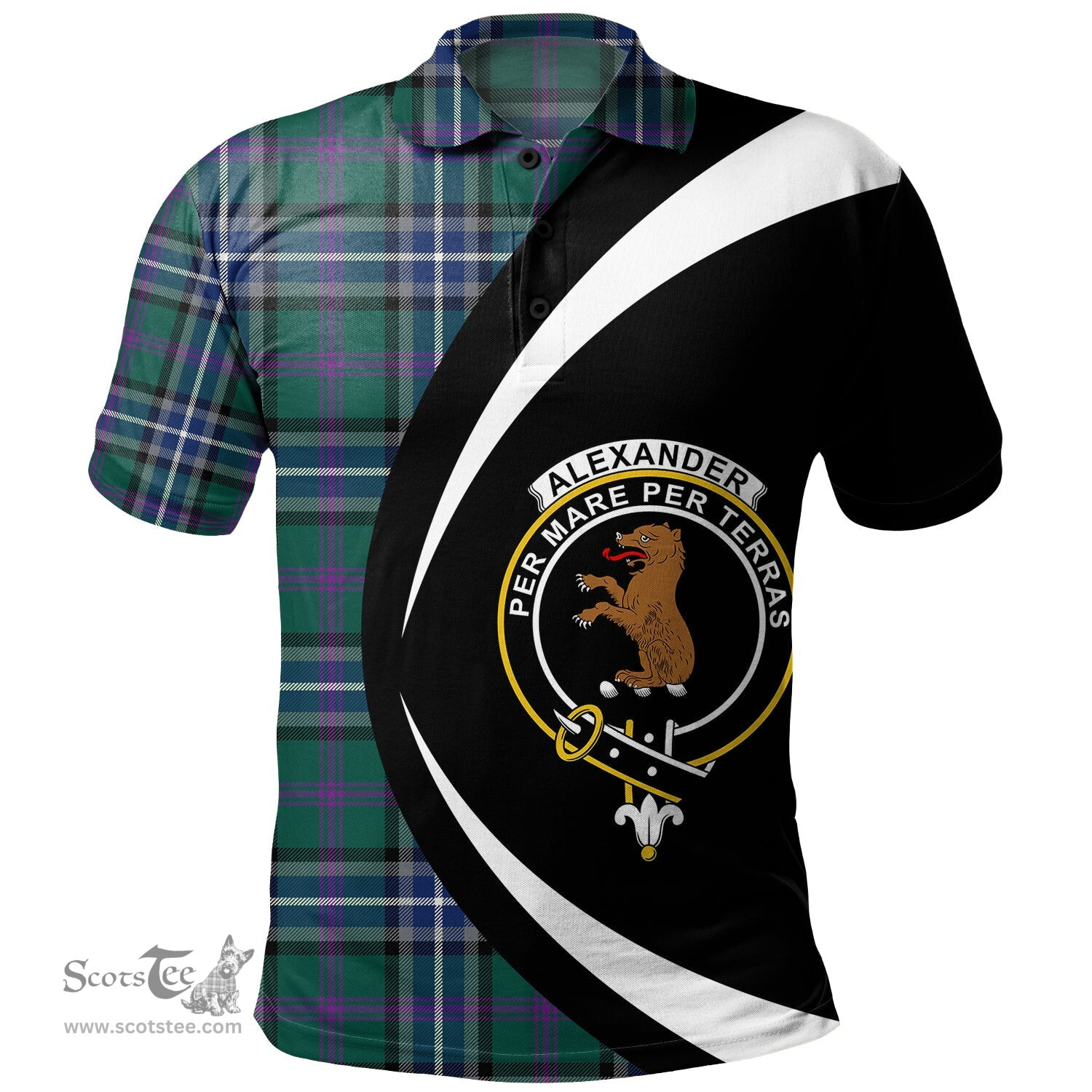 ScotsTee Shop Scottish Alexander of Menstry Hunting Modern Clan Crest Personalized Tartan Polo Shirt Circle Style Back Shirt with Your Text