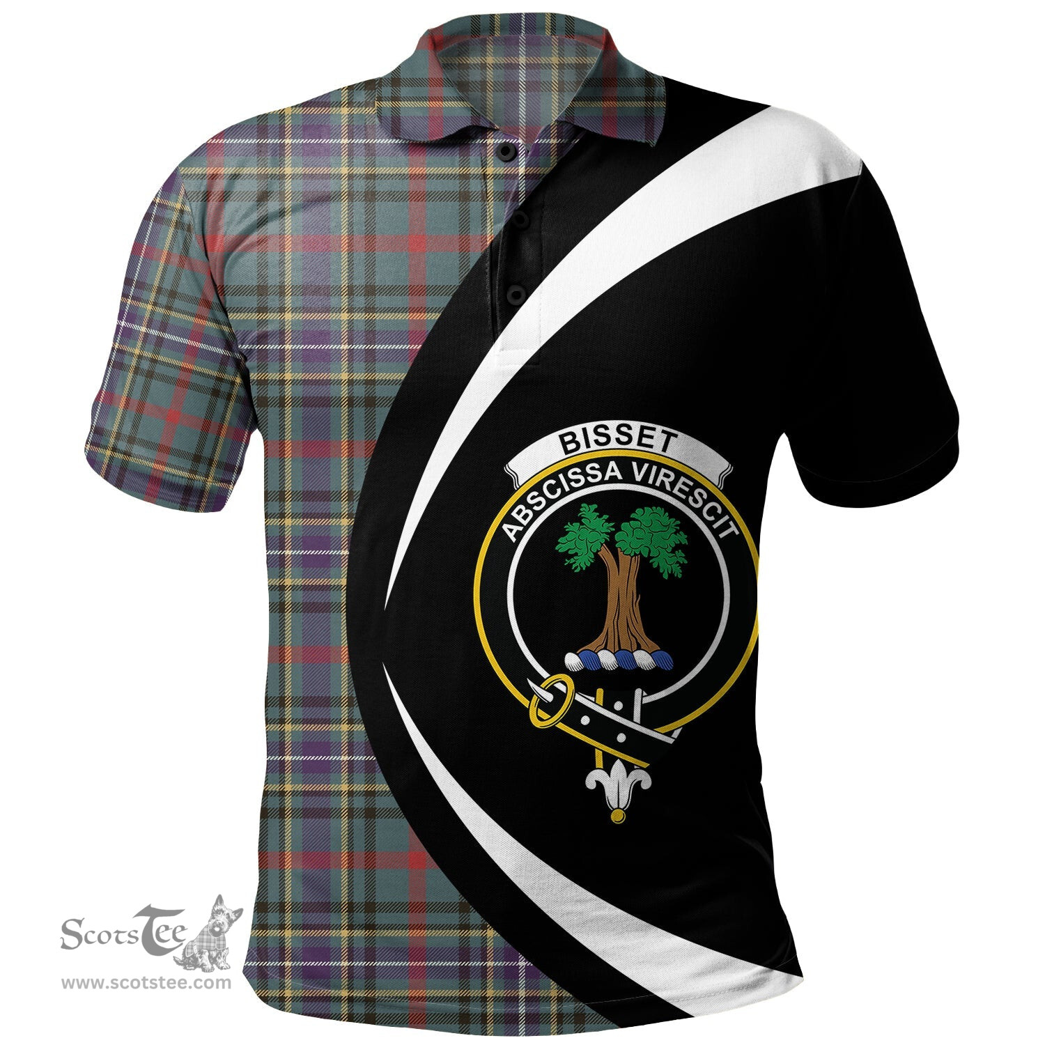 ScotsTee Shop Scottish Bisset Weathered Clan Crest Personalized Tartan Polo Shirt Circle Style Back Shirt with Your Text