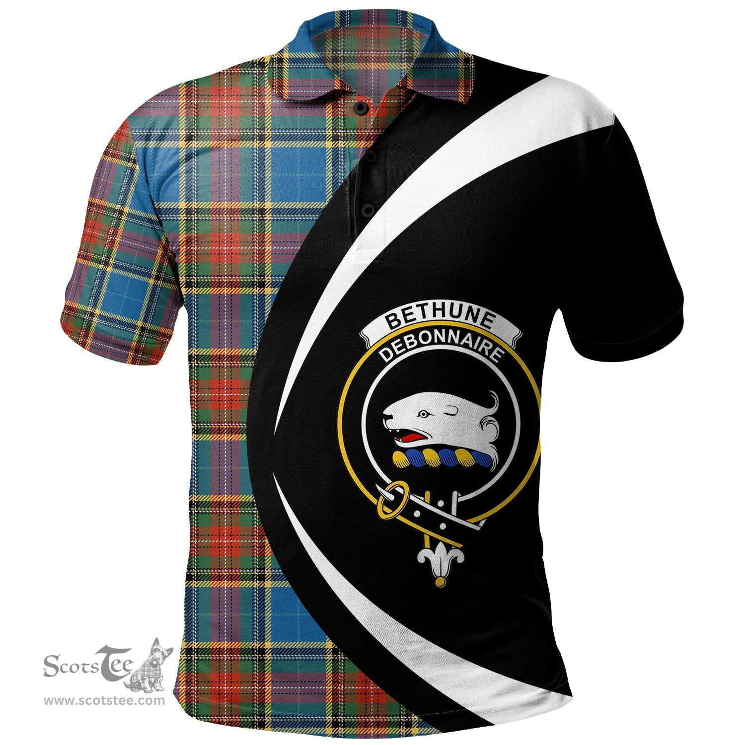 ScotsTee Shop Scottish Bethune Ancient Clan Crest Personalized Tartan Polo Shirt Circle Style Back Shirt with Your Text