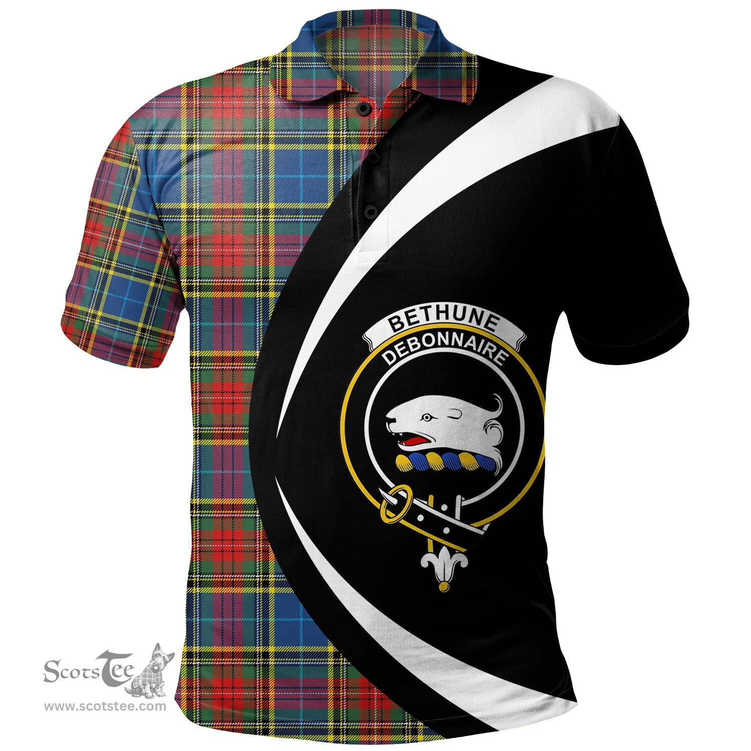 ScotsTee Shop Scottish Bethune Modern Clan Crest Personalized Tartan Polo Shirt Circle Style Back Shirt with Your Text