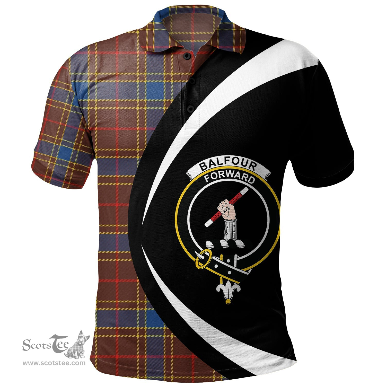 ScotsTee Shop Scottish Balfour Modern Clan Crest Personalized Tartan Polo Shirt Circle Style Back Shirt with Your Text