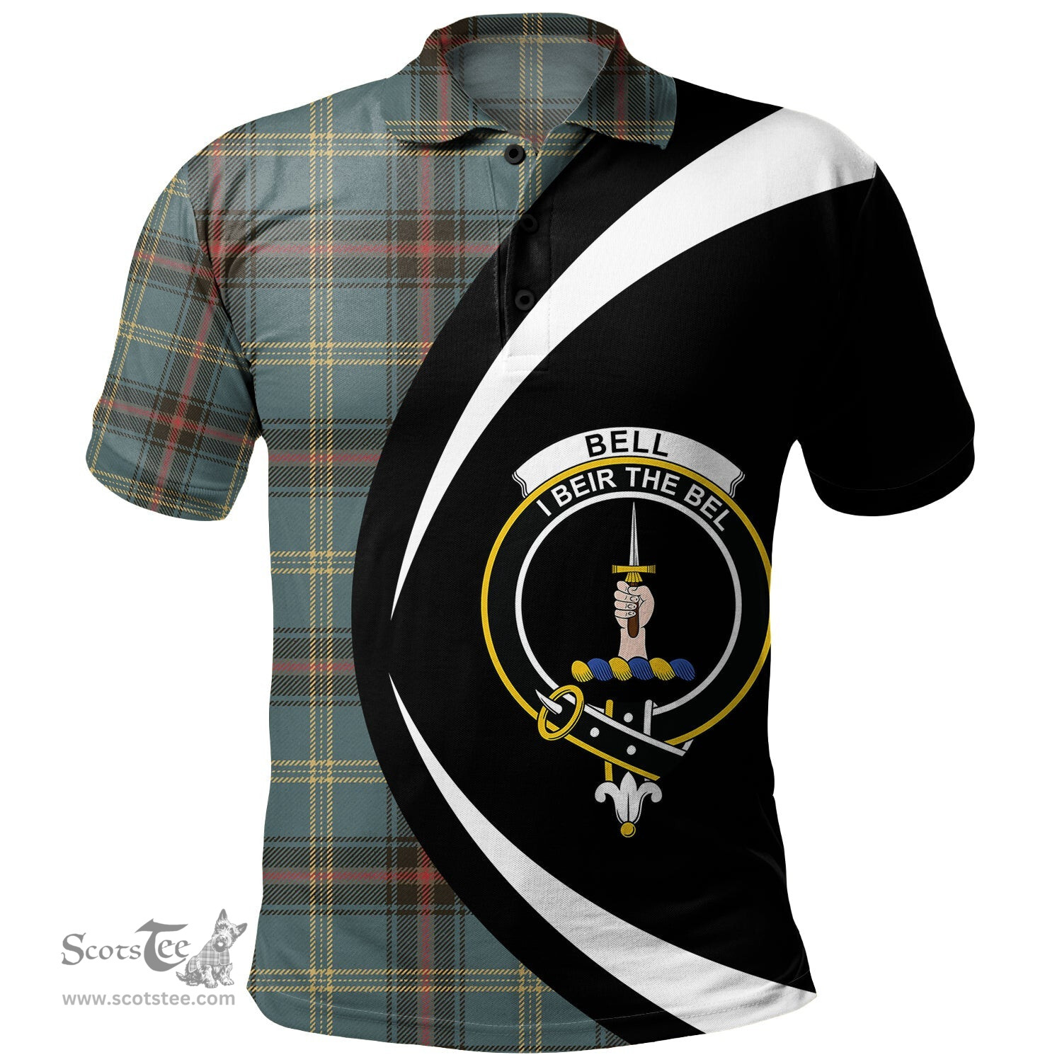 ScotsTee Shop Scottish Bell of the Borders Weathered Clan Crest Personalized Tartan Polo Shirt Circle Style Back Shirt with Your Text