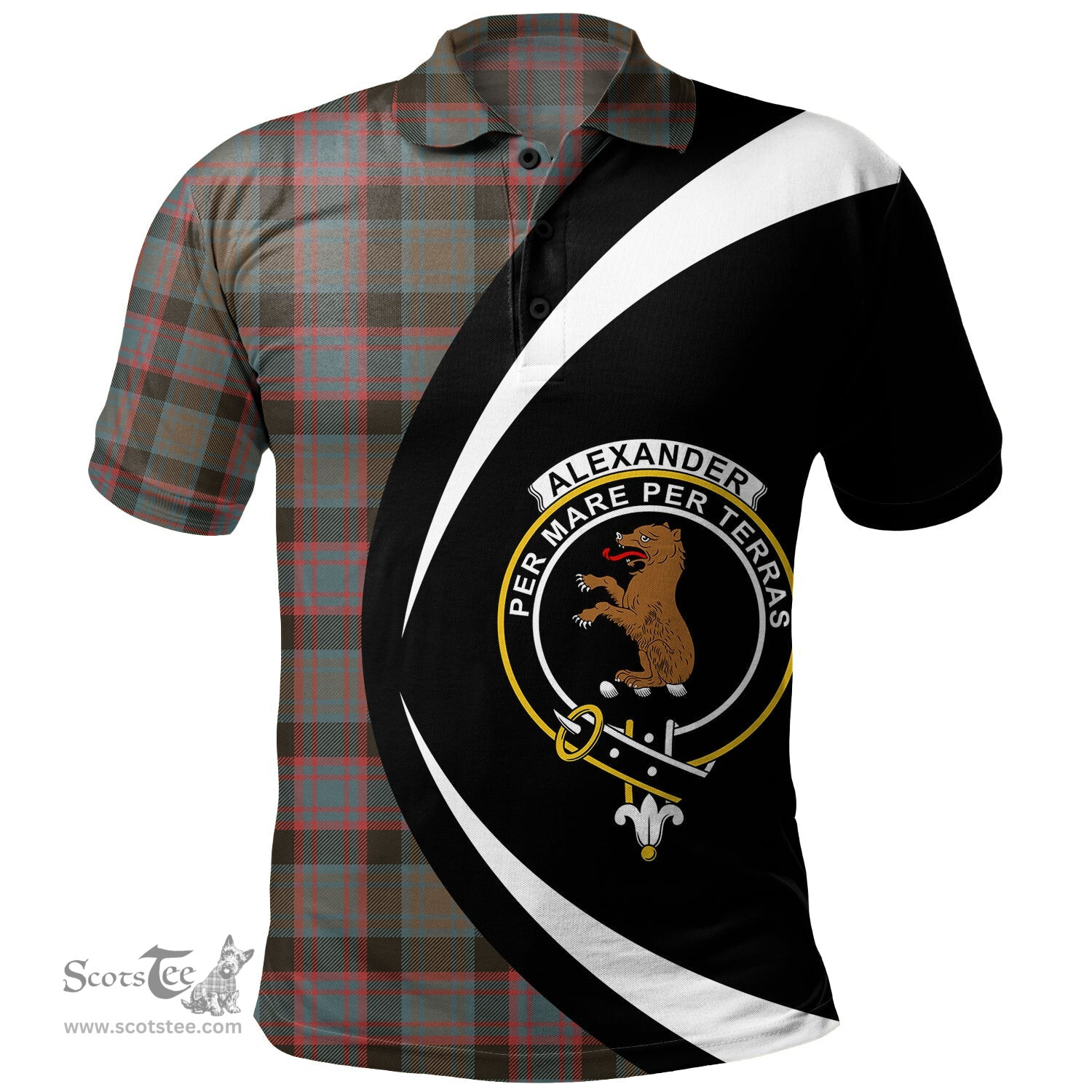 ScotsTee Shop Scottish Alexander Hunting Weathered Clan Crest Personalized Tartan Polo Shirt Circle Style Back Shirt with Your Text