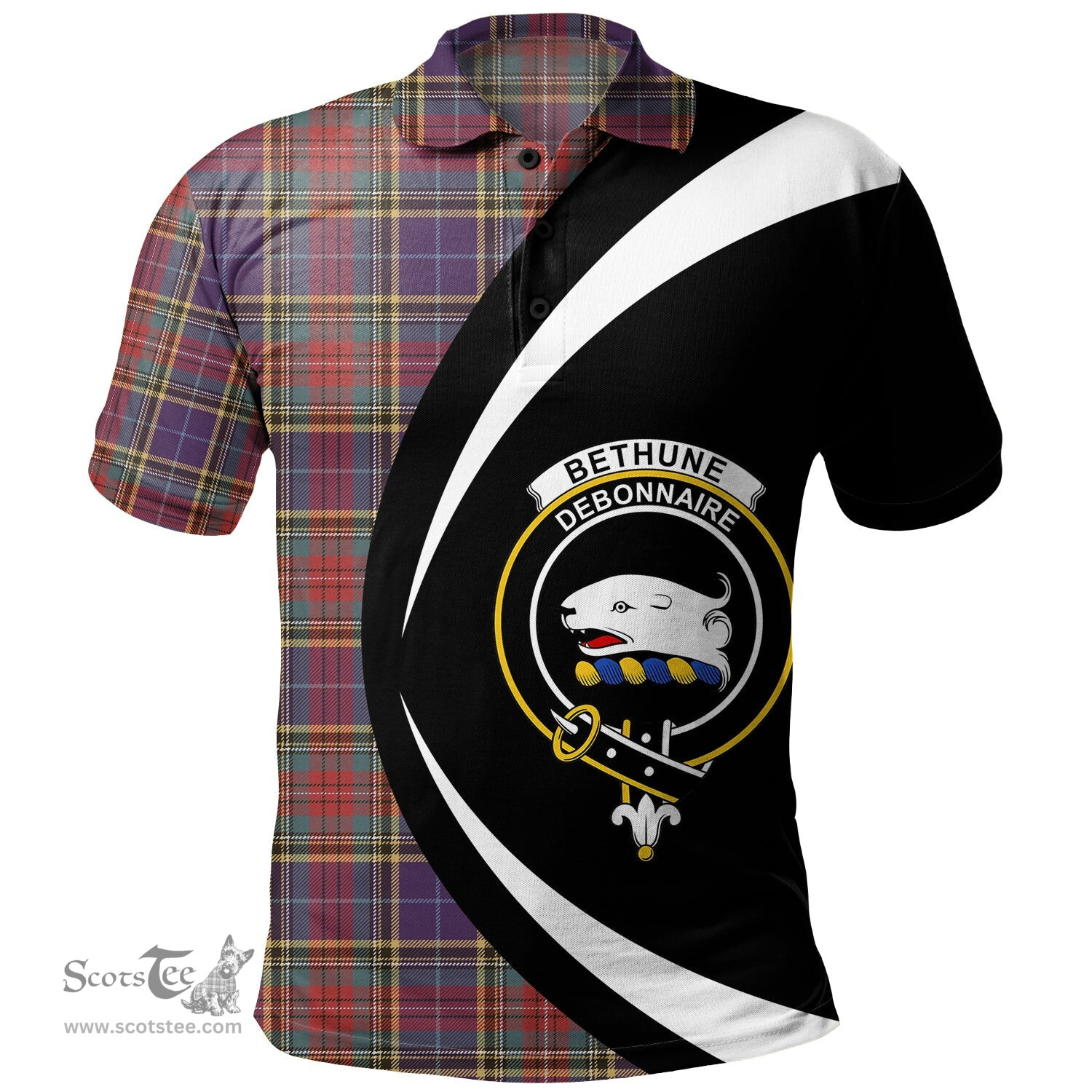 ScotsTee Shop Scottish Bethune Weathered Clan Crest Personalized Tartan Polo Shirt Circle Style Back Shirt with Your Text