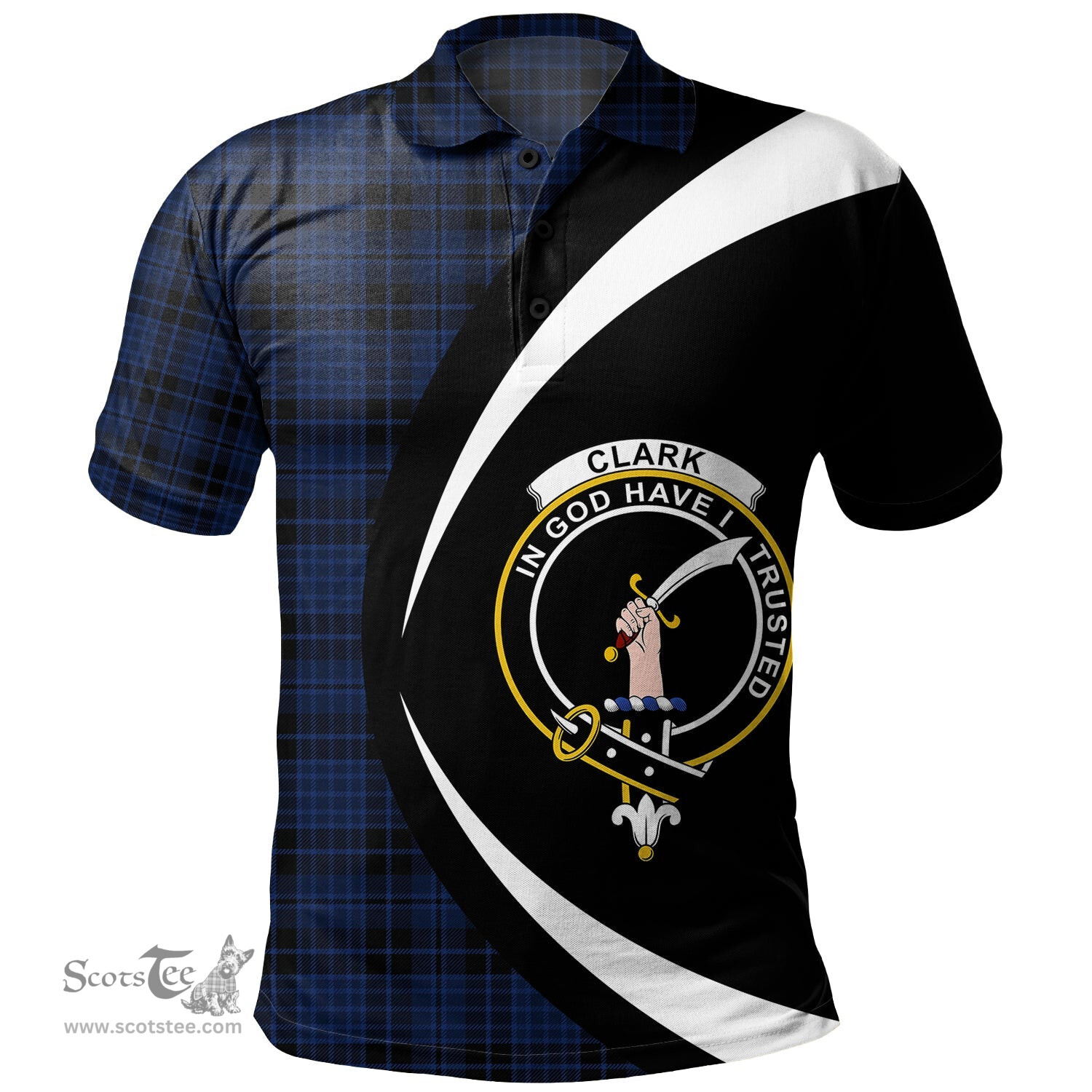 ScotsTee Shop Scottish Clark (Clergy) Modern Clan Crest Personalized Tartan Polo Shirt Circle Style Back Shirt with Your Text