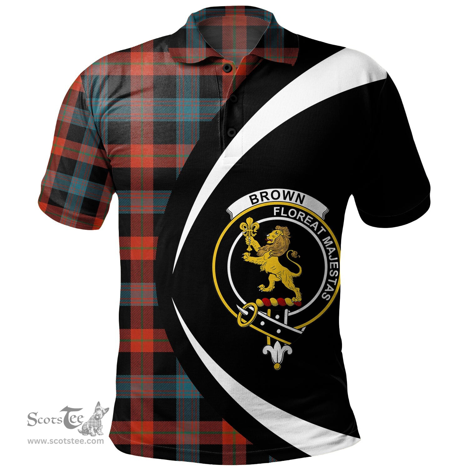 ScotsTee Shop Scottish Brown (Broun) Ancient Clan Crest Personalized Tartan Polo Shirt Circle Style Back Shirt with Your Text
