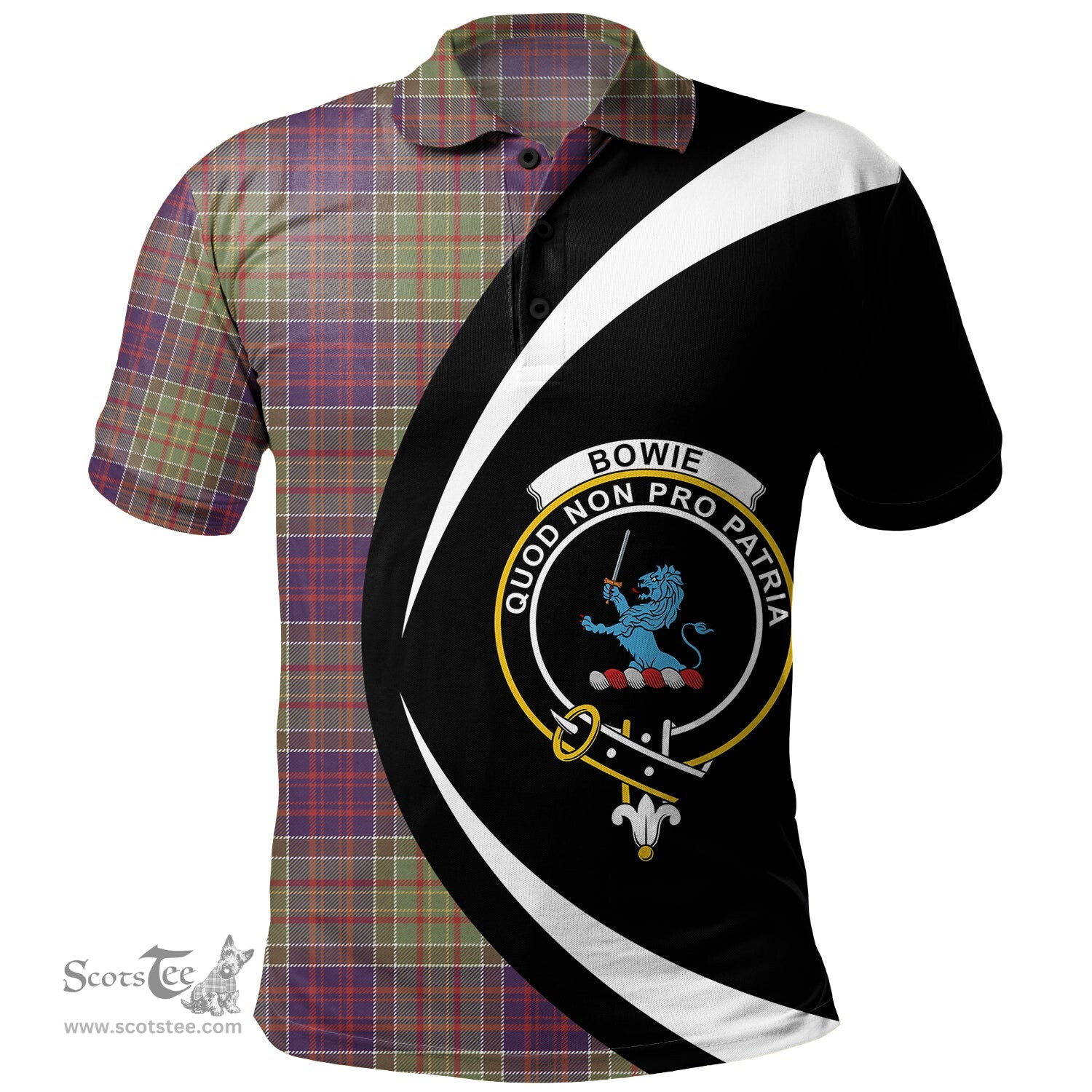 ScotsTee Shop Scottish Bowie Weathered Clan Crest Personalized Tartan Polo Shirt Circle Style Back Shirt with Your Text