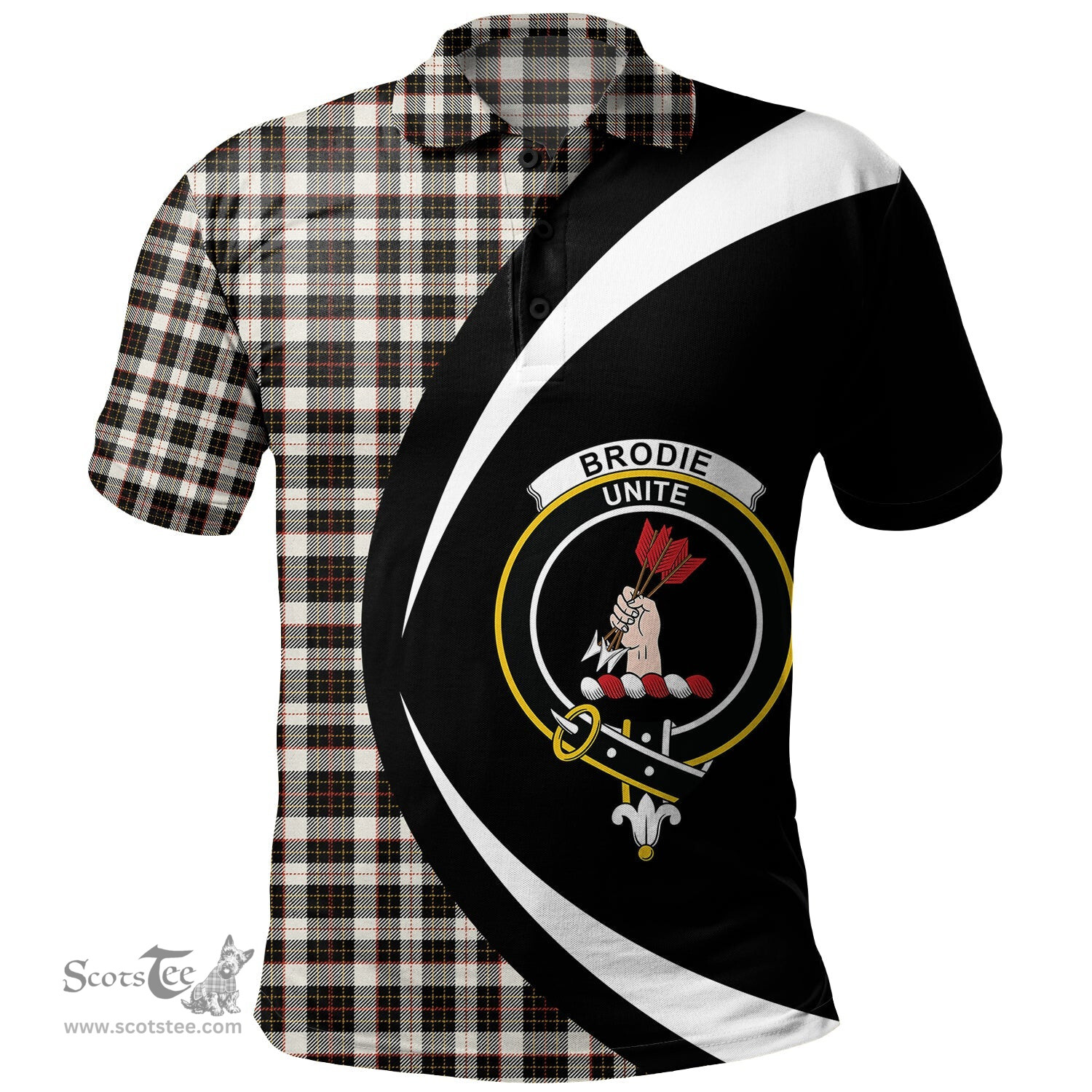 ScotsTee Shop Scottish Brodie Black & White Clan Crest Personalized Tartan Polo Shirt Circle Style Back Shirt with Your Text