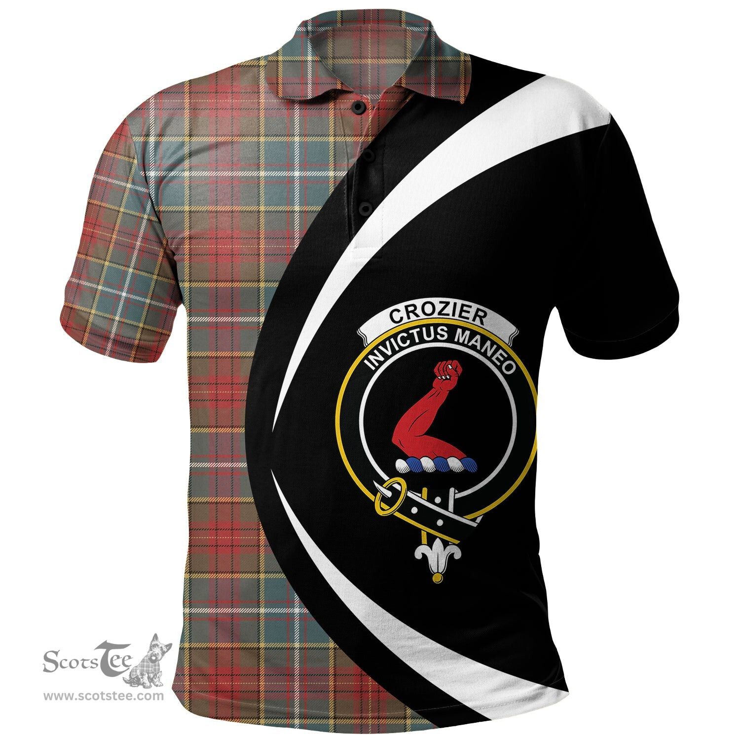 ScotsTee Shop Scottish Crozier Weathered Clan Crest Personalized Tartan Polo Shirt Circle Style Back Shirt with Your Text