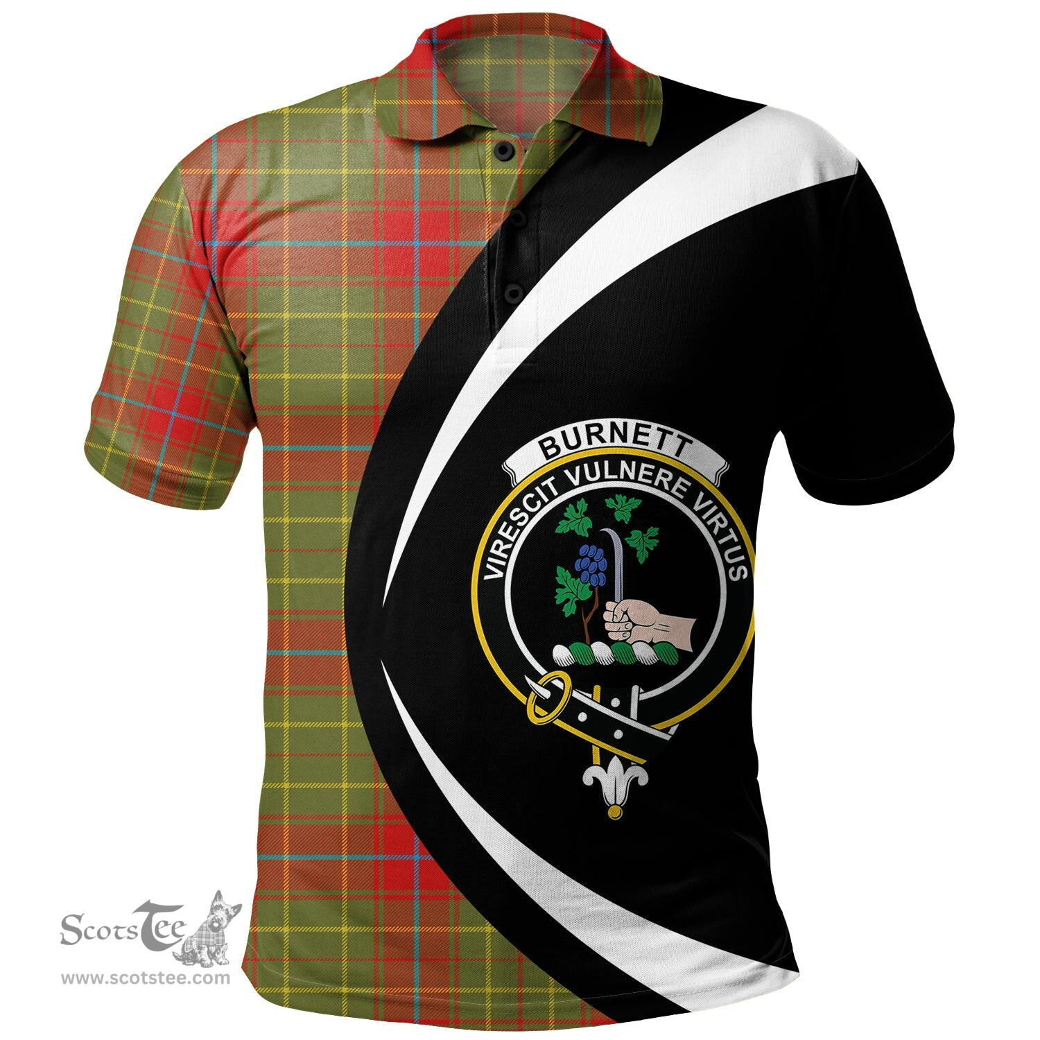 ScotsTee Shop Scottish Burnett of Powis Modern Clan Crest Personalized Tartan Polo Shirt Circle Style Back Shirt with Your Text