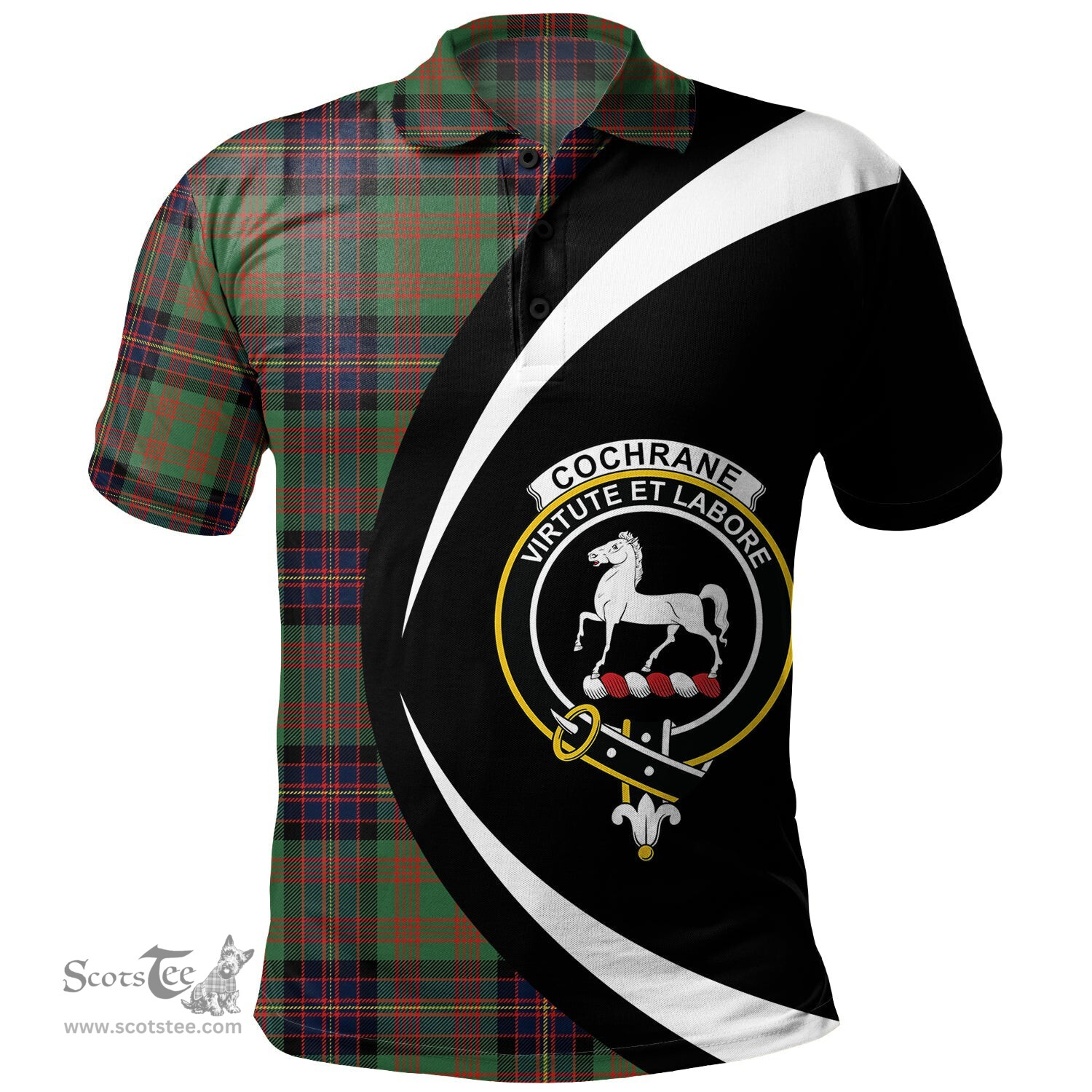 ScotsTee Shop Scottish Cochrane (Cochran) Modern Clan Crest Personalized Tartan Polo Shirt Circle Style Back Shirt with Your Text