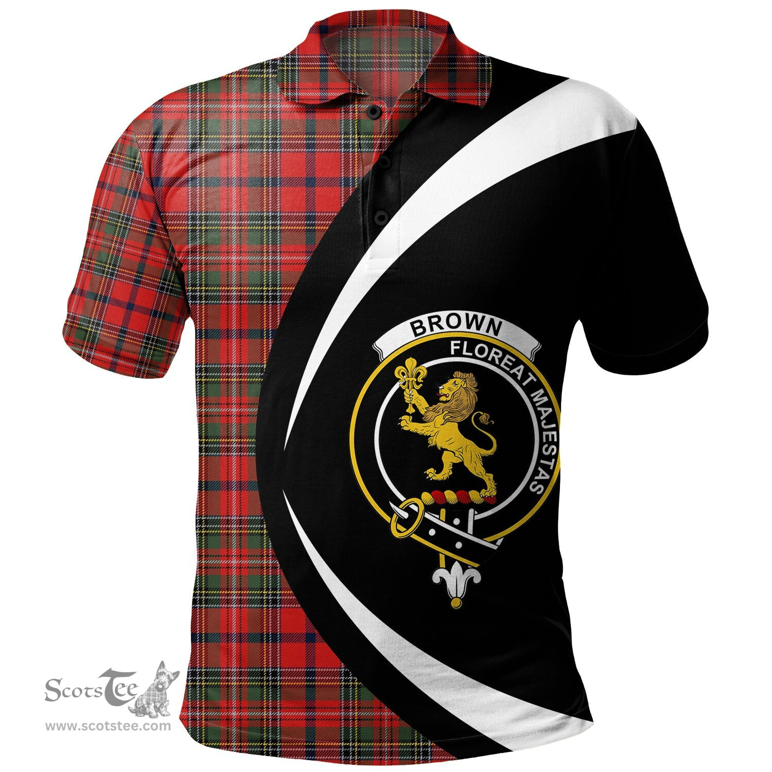 ScotsTee Shop Scottish Brown of Castledean (Broun of Castledean) Modern Clan Crest Personalized Tartan Polo Shirt Circle Style Back Shirt with Your Text