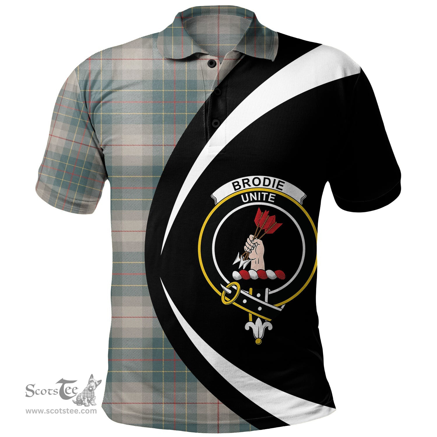 ScotsTee Shop Scottish Brodie Silver (Brodie Muted) Weathered Clan Crest Personalized Tartan Polo Shirt Circle Style Back Shirt with Your Text