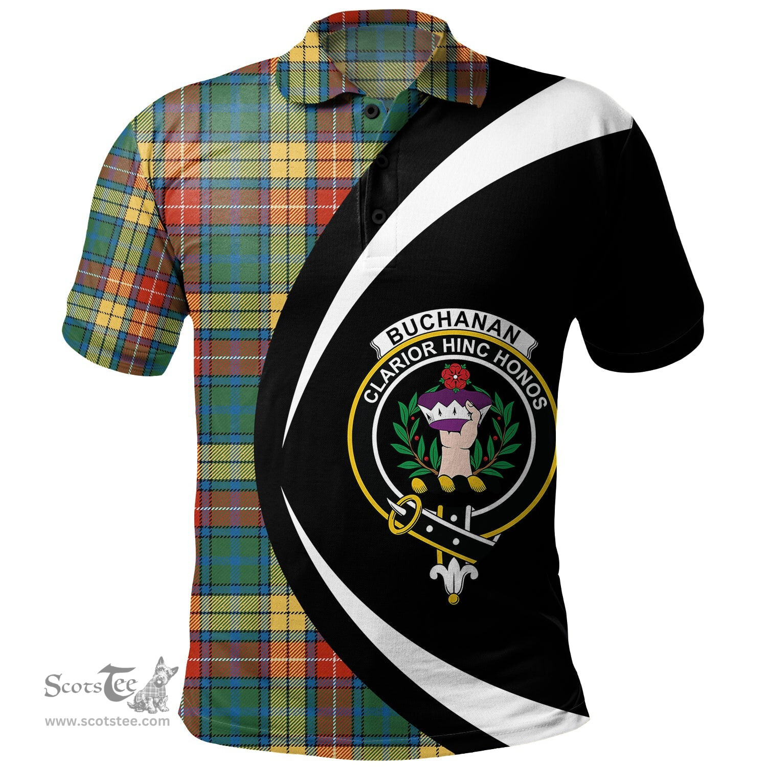 ScotsTee Shop Scottish Buchanan Ancient Clan Crest Personalized Tartan Polo Shirt Circle Style Back Shirt with Your Text