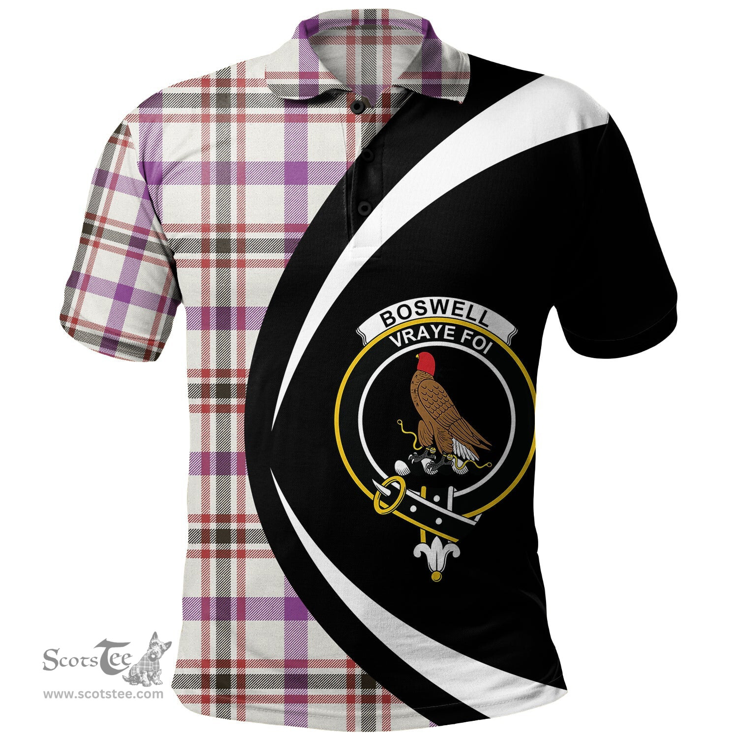 ScotsTee Shop Scottish Boswell Dress Weathered Clan Crest Personalized Tartan Polo Shirt Circle Style Back Shirt with Your Text
