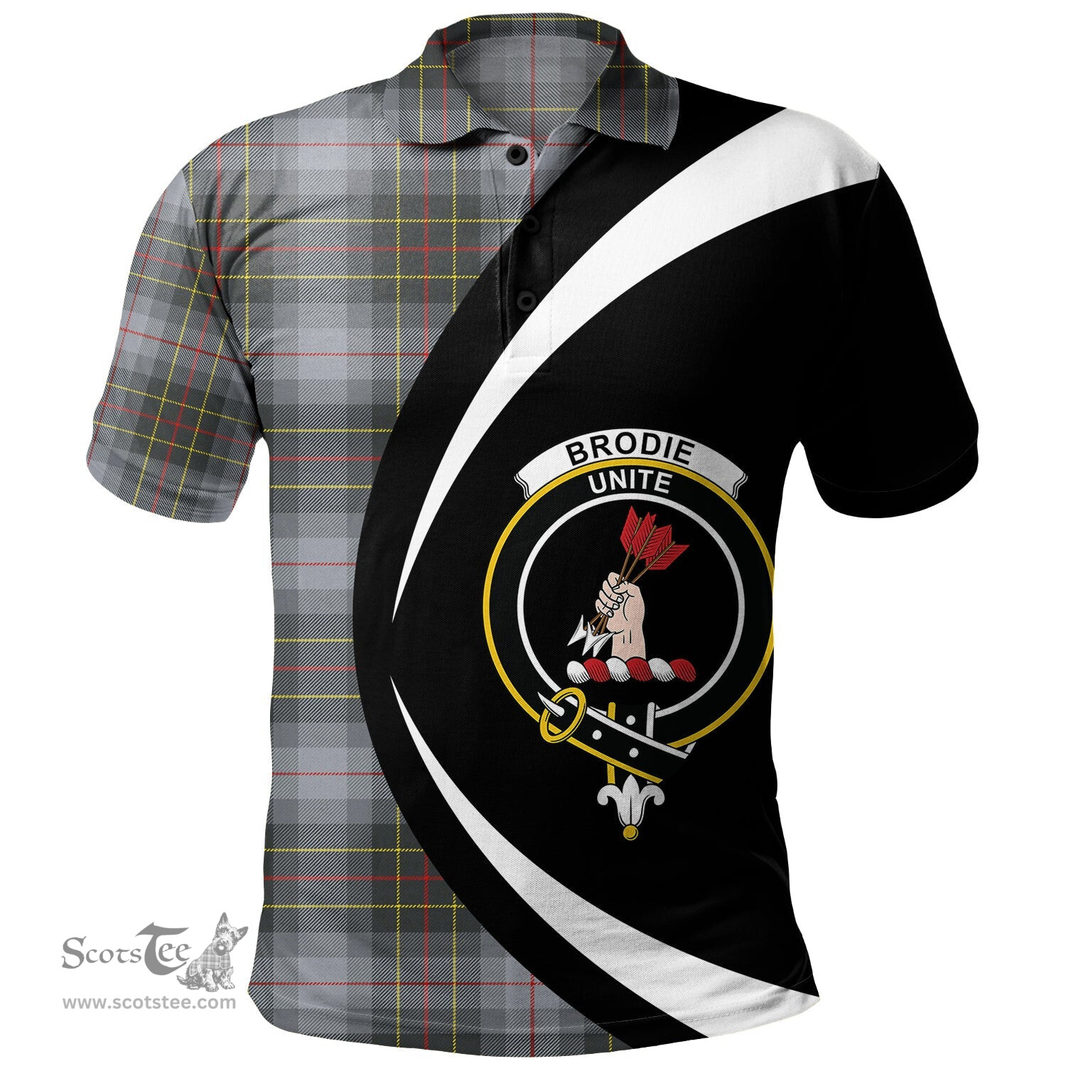 ScotsTee Shop Scottish Brodie Silver (Brodie Muted) Modern Clan Crest Personalized Tartan Polo Shirt Circle Style Back Shirt with Your Text