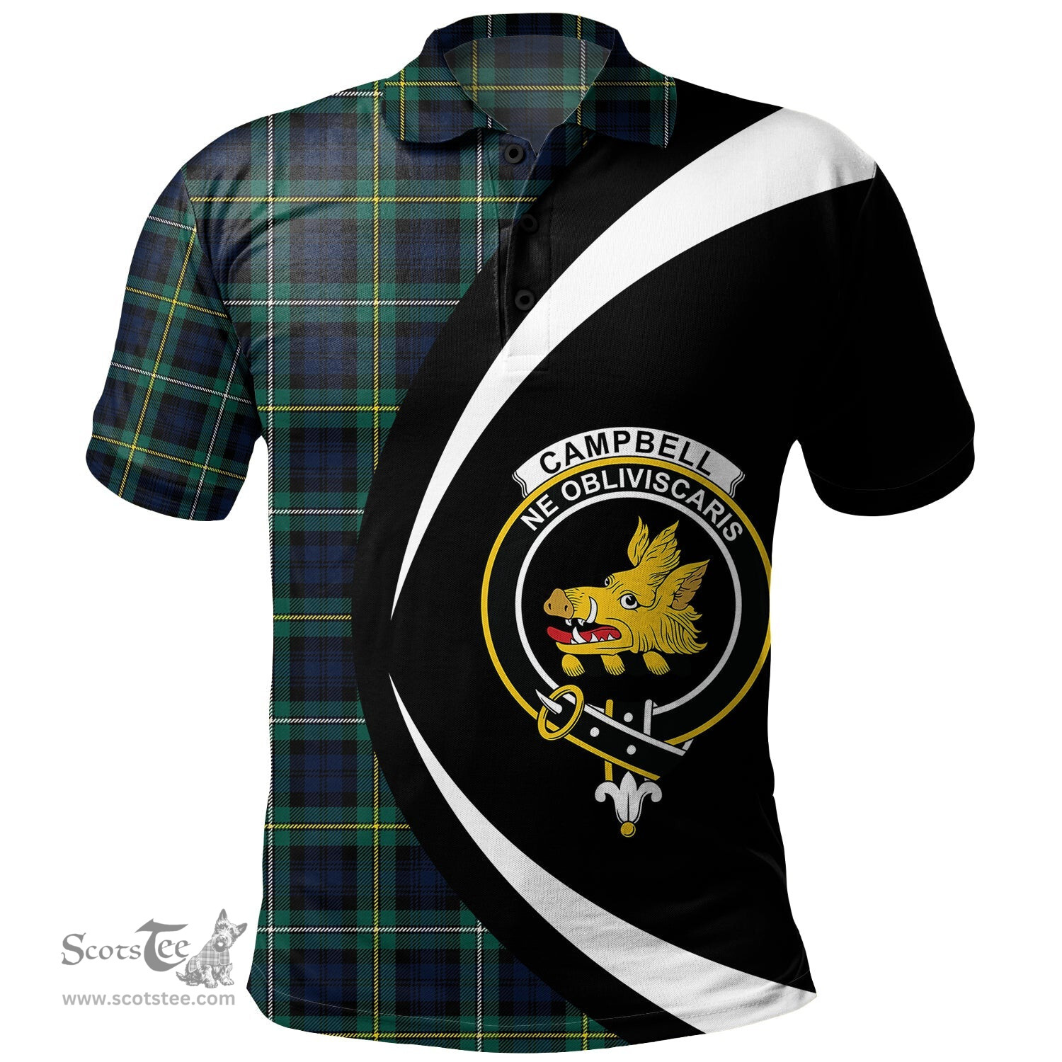 ScotsTee Shop Scottish Campbell of Argyll Modern 2 Clan Crest Personalized Tartan Polo Shirt Circle Style Back Shirt with Your Text