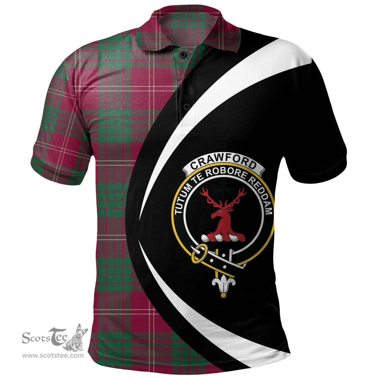 ScotsTee Shop Scottish Crawford Red Modern Clan Crest Personalized Tartan Polo Shirt Circle Style Back Shirt with Your Text