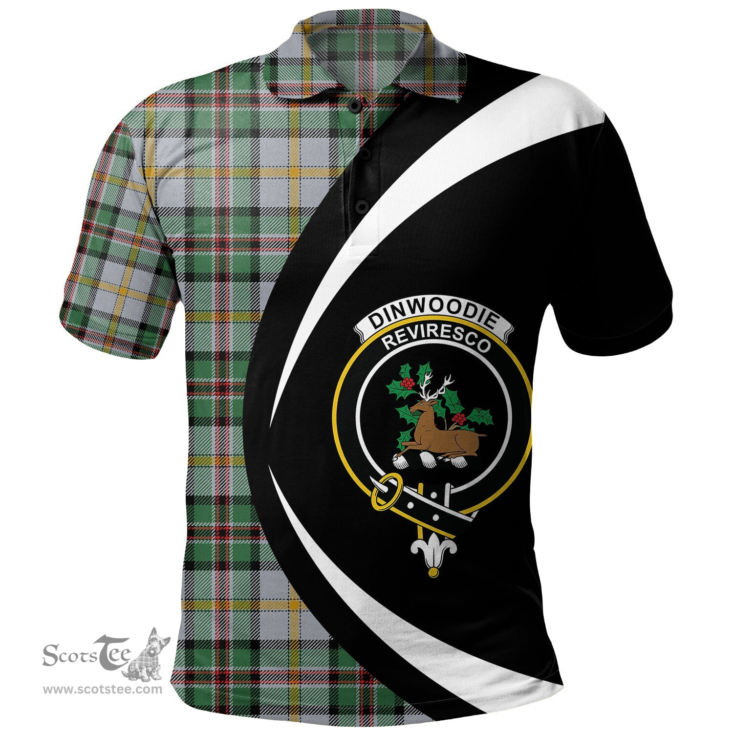 ScotsTee Shop Scottish Dinwoodie Modern Clan Crest Personalized Tartan Polo Shirt Circle Style Back Shirt with Your Text