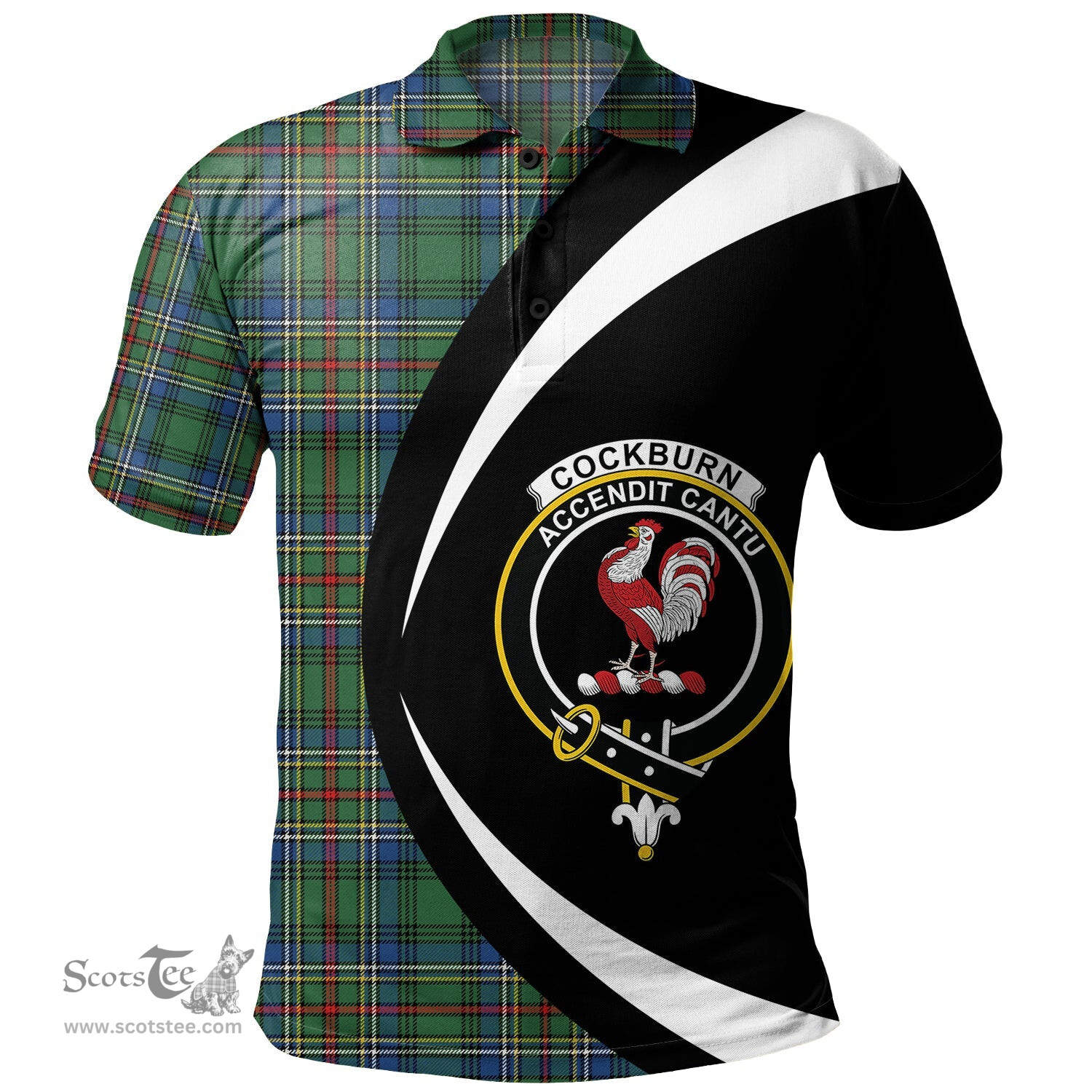 ScotsTee Shop Scottish Cockburn (Coburn) Modern Clan Crest Personalized Tartan Polo Shirt Circle Style Back Shirt with Your Text