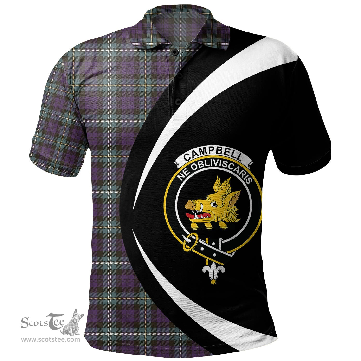 ScotsTee Shop Scottish Campbell of Loudon (Campbell Louden) Weathered 2 Clan Crest Personalized Tartan Polo Shirt Circle Style Back Shirt with Your Text